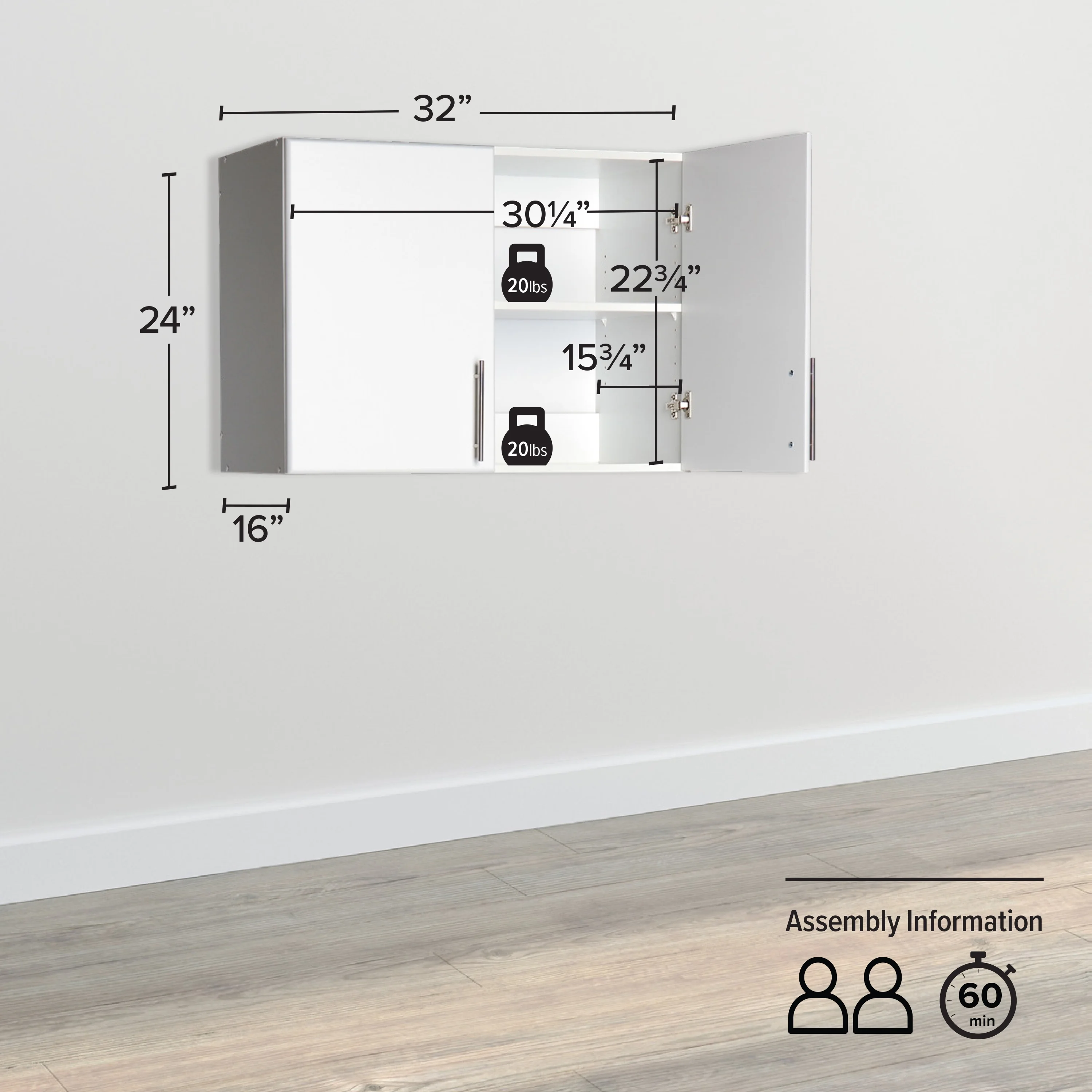 Prepac White Cabinet: Elite Wall Cabinet, WEW-3224 Garage Cabinet with Storage Shelf, Stackable 16