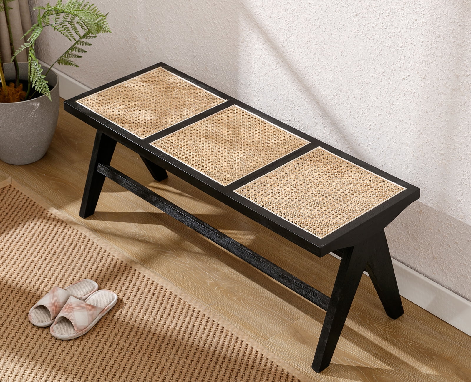 Dayalane Rattan Ottoman Bench, Farmhouse Dining Bench Cane End of Bed Bench, Wicker Entryway Bench Woven Shoe Bench for Foyer Dining Room Living Room Bedroom Hallway, Black