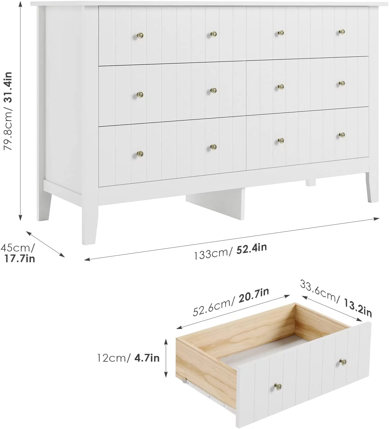 White Dresser, Chest of Drawers, Modern 6 Drawer Double Dresser with Deep Drawers, Wide Storage Organizer Cabinet for Living Room, Hallway