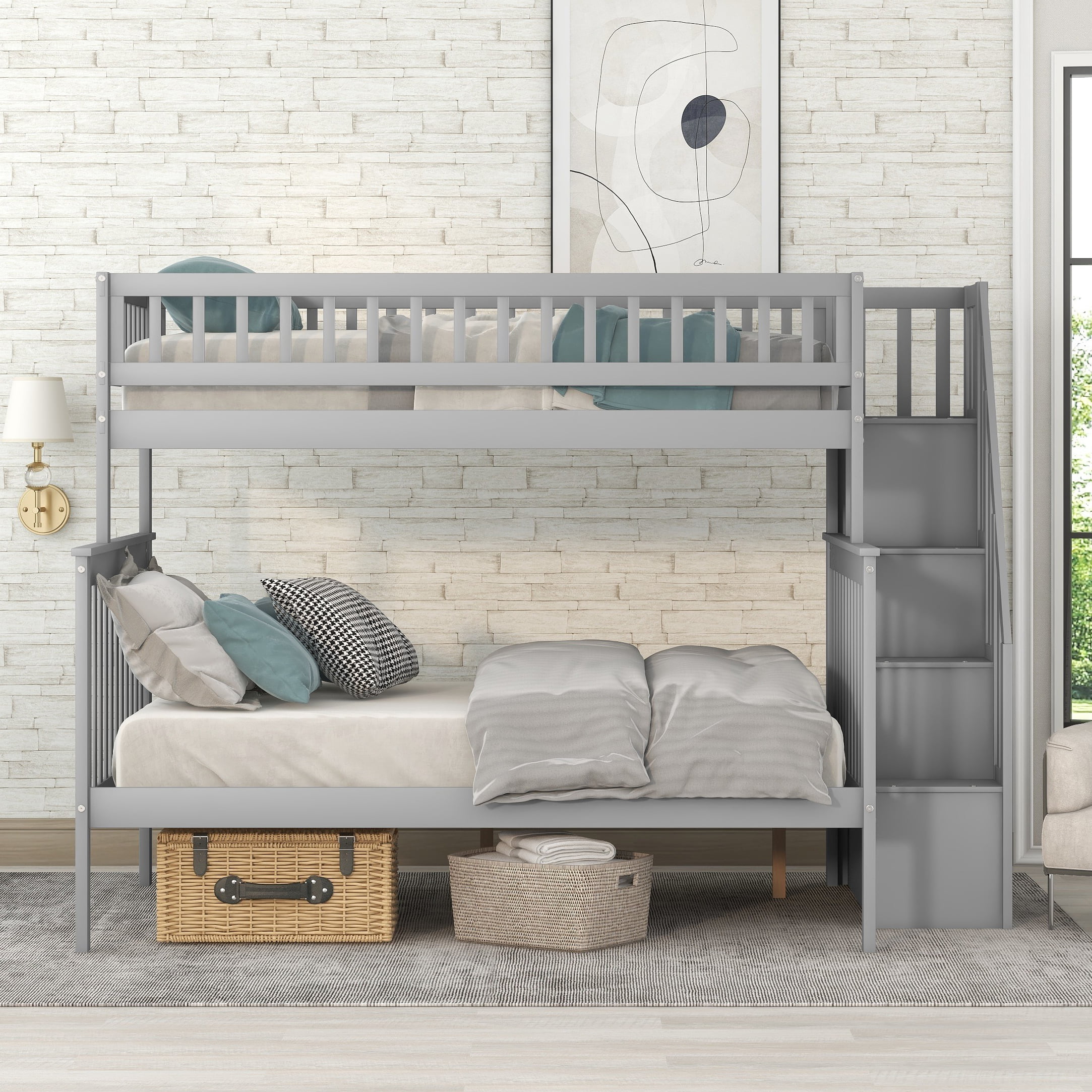 Bellemave Twin Over Full Bunk Bed with Stairs, Solid Wood Bunk Beds Frame with Storage Shelves, Detachable Stairway Bunk Beds for Kids Teens Adult (Gray)