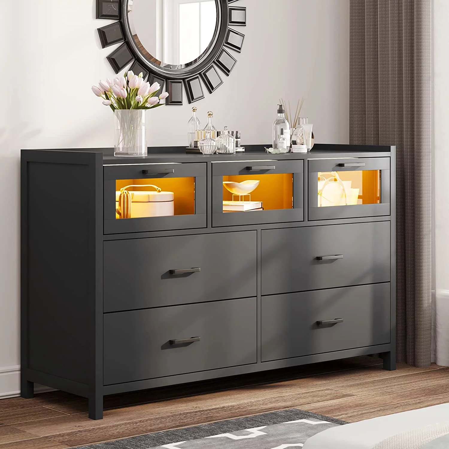 VIAGDO Dresser for Bedroom,7 Drawer Dressers with LED Lights, Dressers and Chests of Drawers, Black