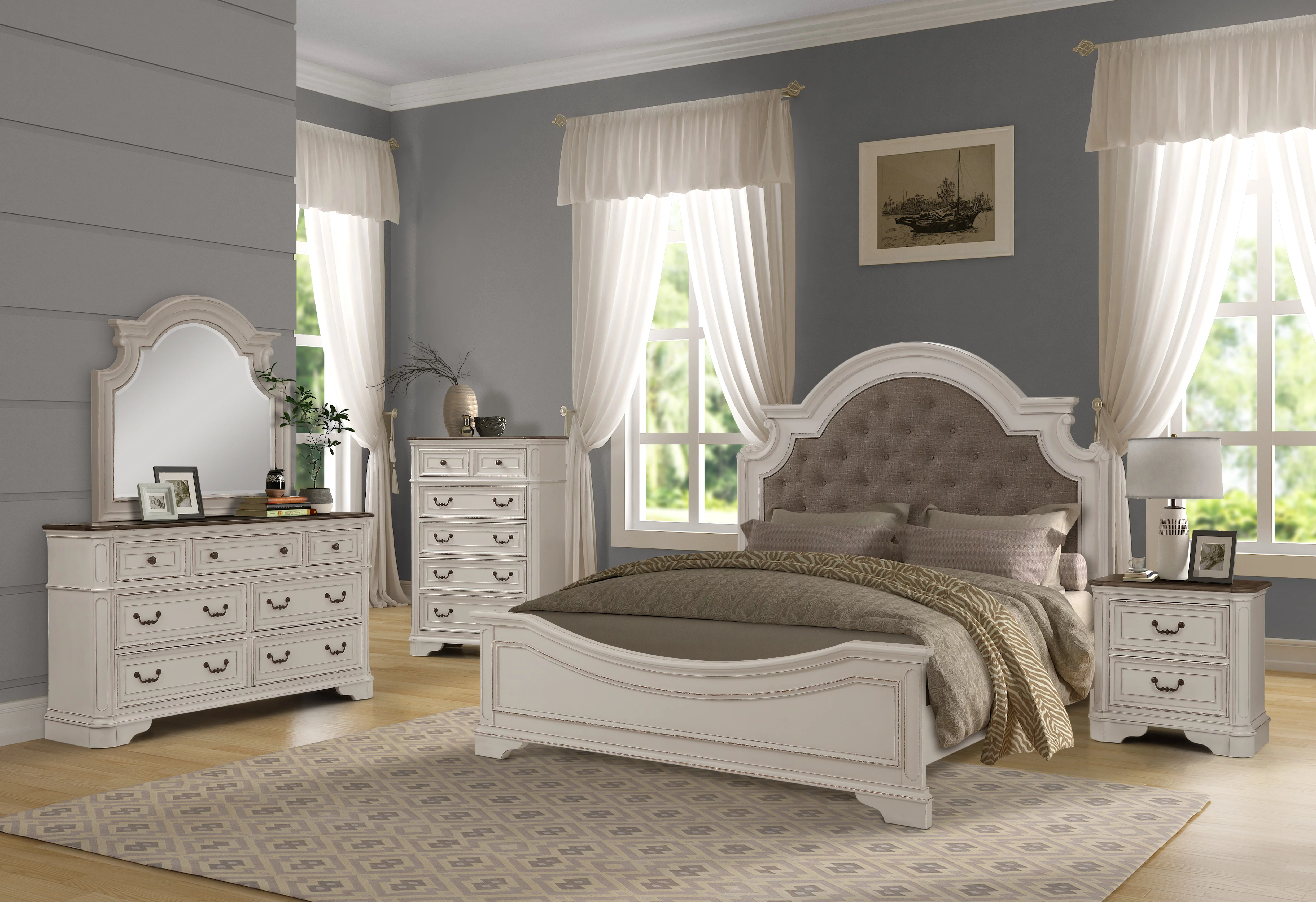 Laval Wood Bedroom Set, Upholstered King Bed, Dresser, Mirror, Nightstand, Chest, Antique White and Oak