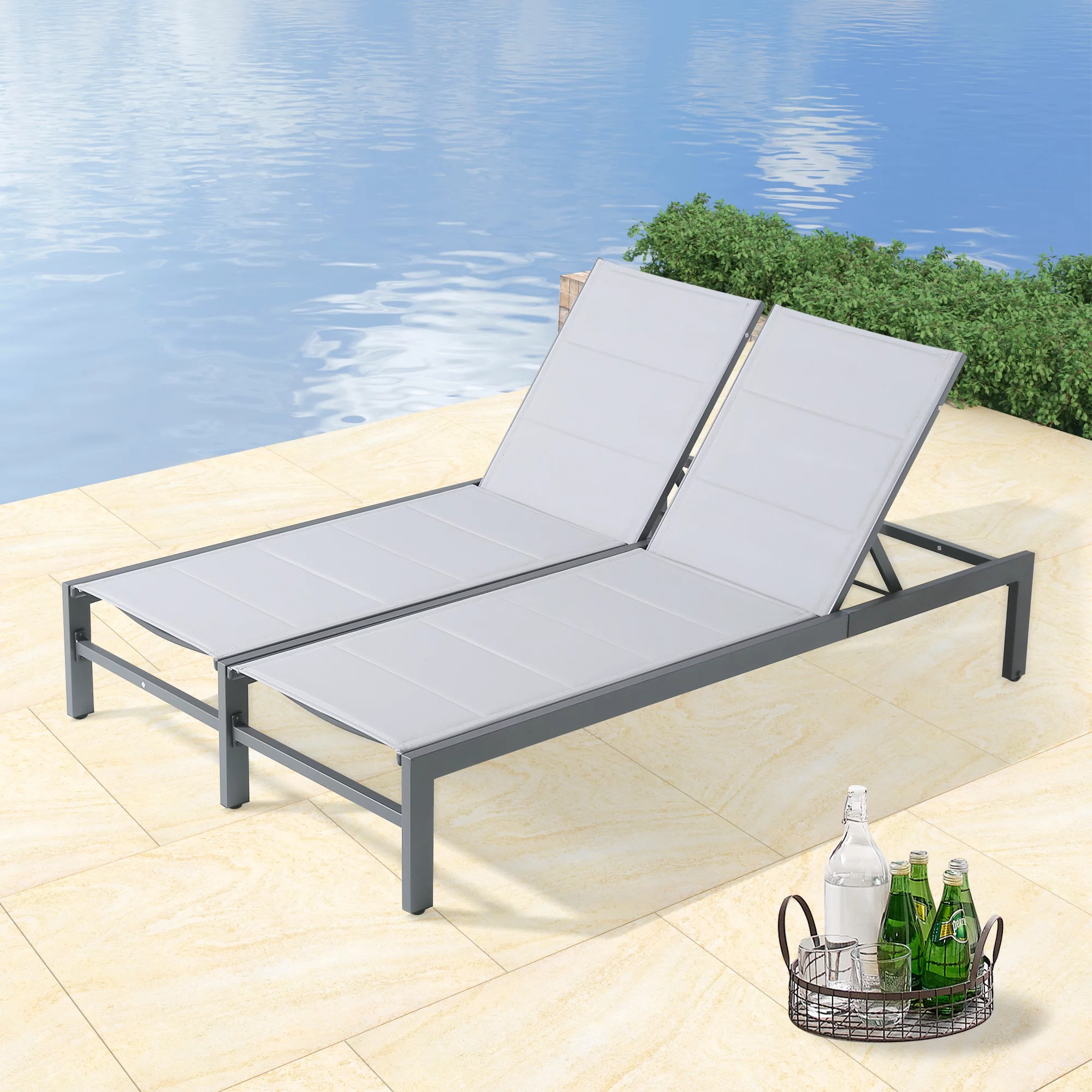 Ulax Furniture Patio Padded Aluminum Double Chaise Lounge Outdoor Adjustable Textilene Recliner Chairs with Wheels and Quick Dry Foam(Grey)