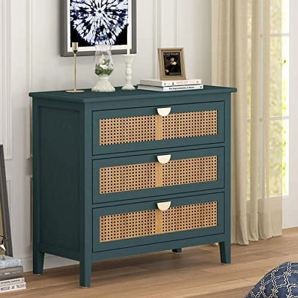 xrboomlife 3 Drawer Dresser Rattan Drawer Chest Modern Wood Chest of Drawers with Metal Handles Dresser for Bedroom Living Room Hallway Entryway (Green)