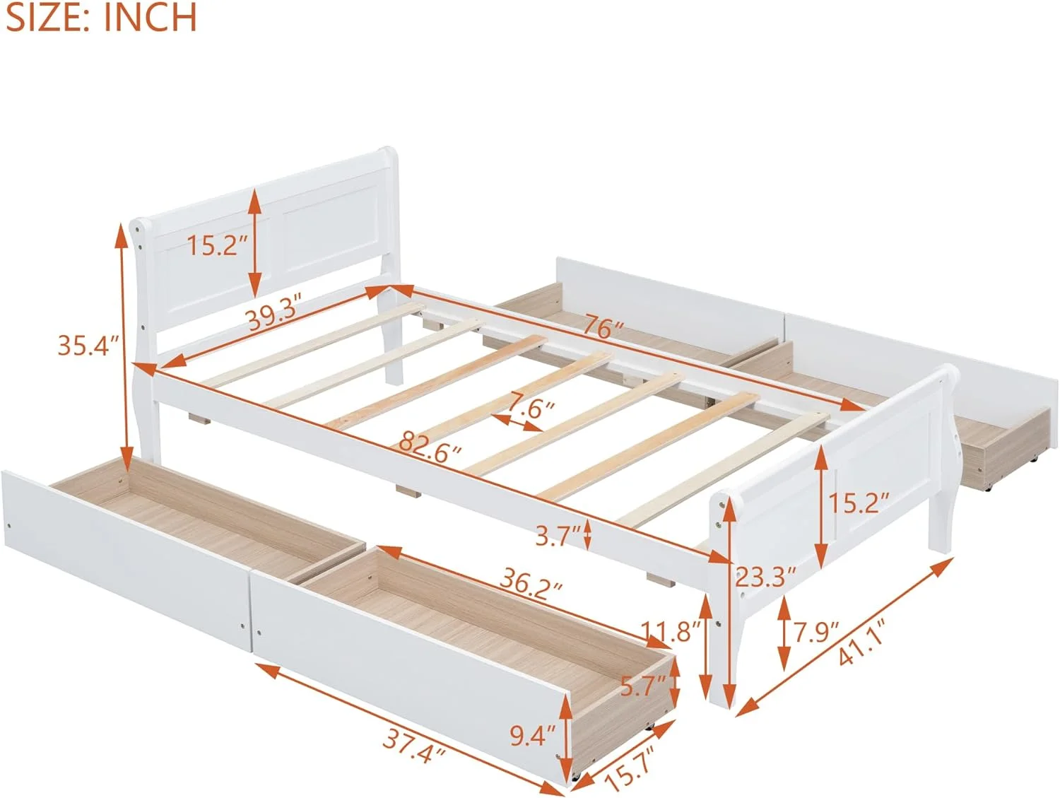 Wood Platform Bed, Size Platform Bed With 4 Storage Drawers, Platform Bed With Head Ad Footboard, White