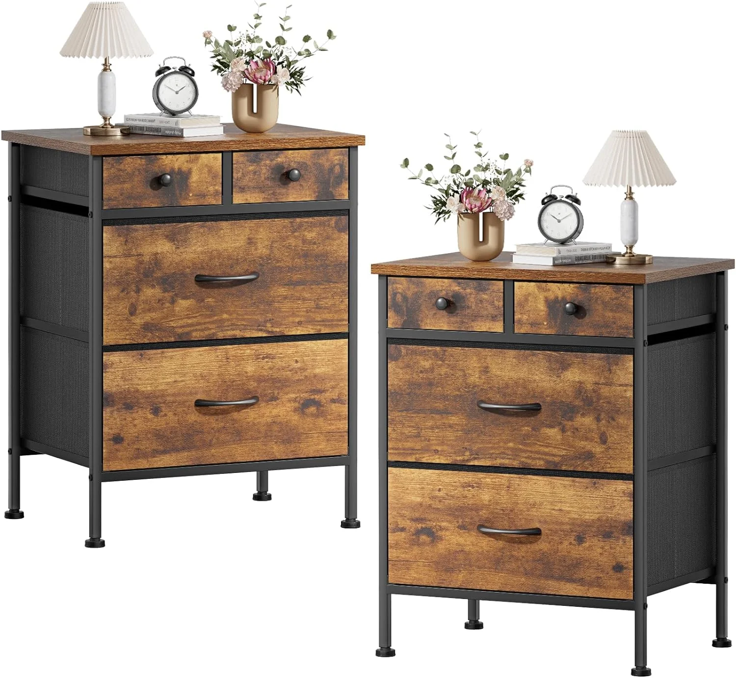 Nightstands Set of 2, Small Dresser, Bedside Furniture, Night Stand End Table with 4 Fabric Drawers for Bedroom, Wood Top, Rustic Brown