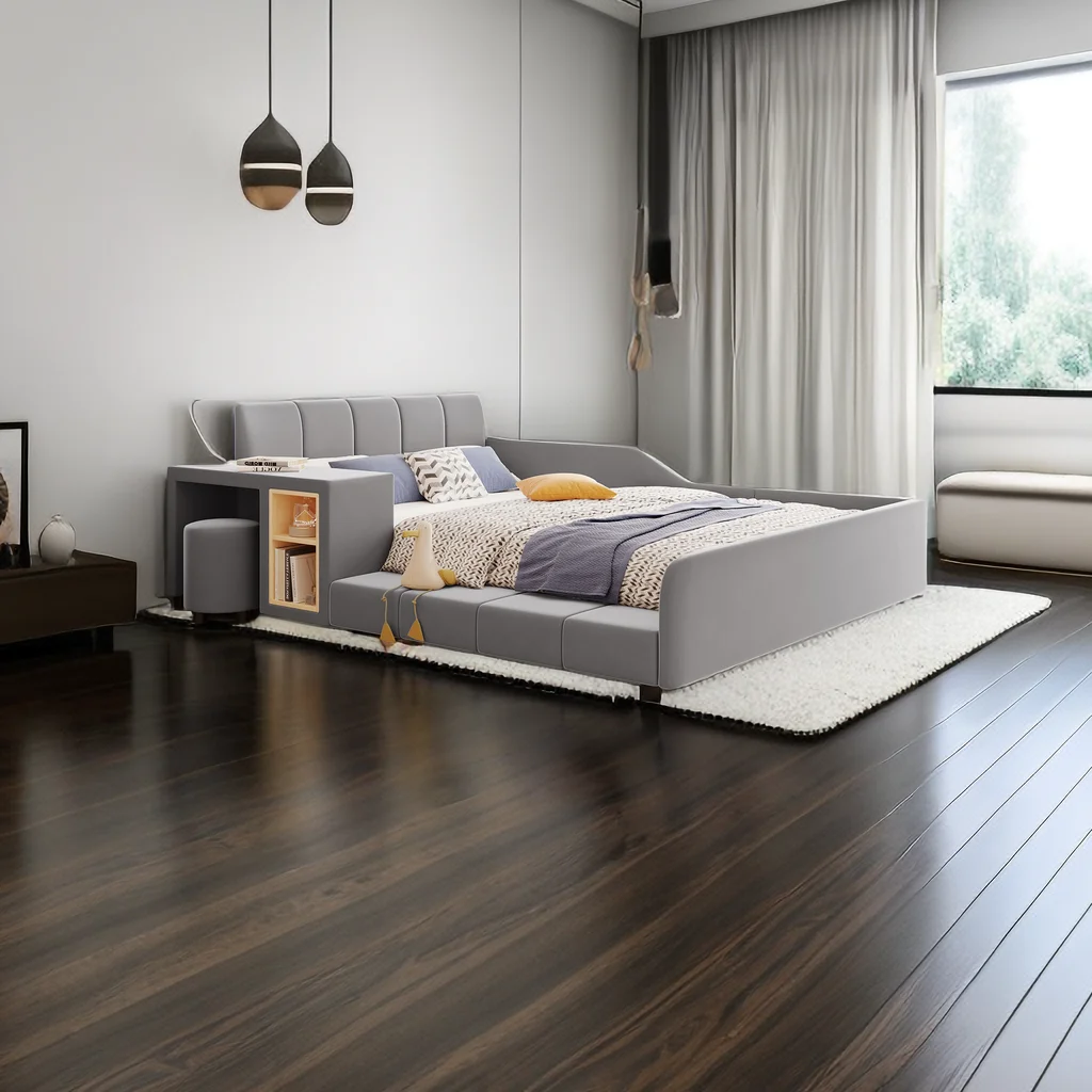 Full Size Upholstered Grounded Bed,Mother & Child Velvet Platform Bed with Bedside Desk and Little Round Stool for Bedroom