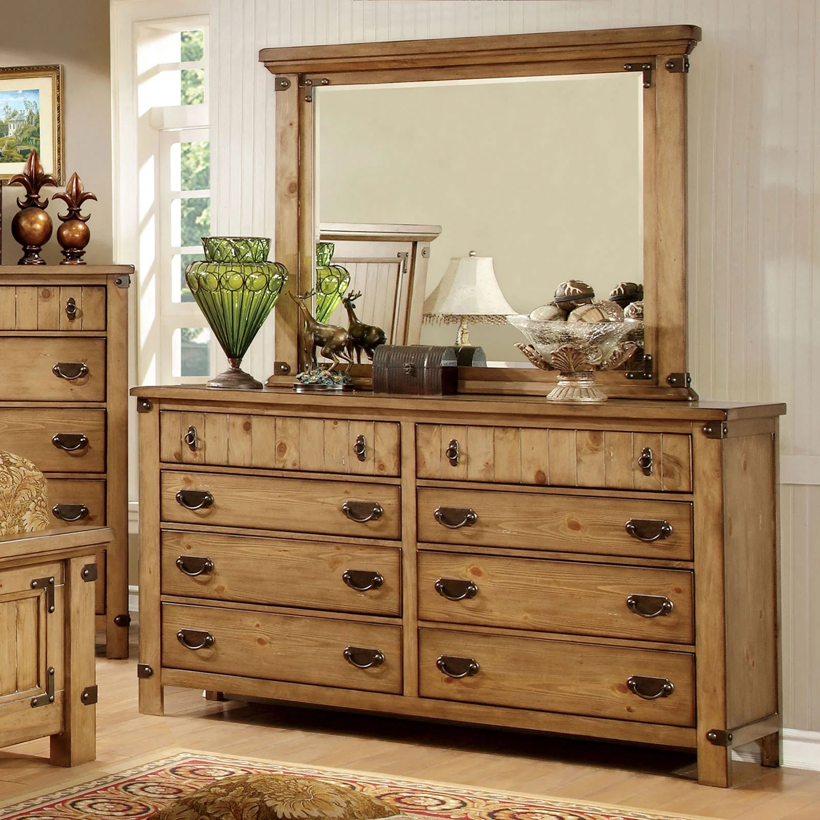 Classic Bedroom Furniture 4pc Bedroom Set Queen Size Bed Dresser Mirror Nightstand Weathered Finish