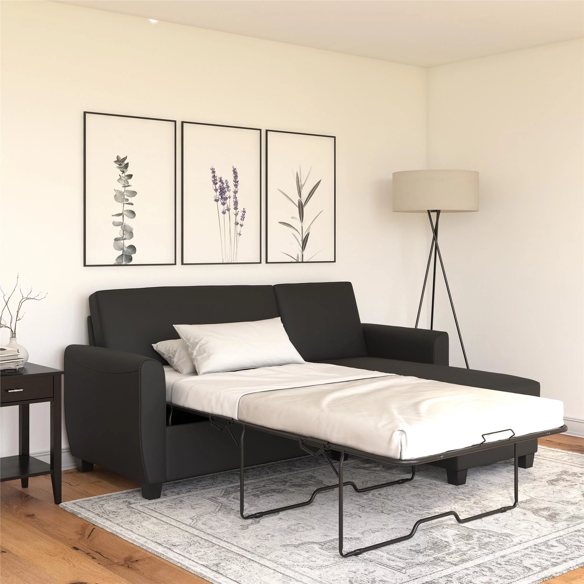 DHP Noah Sectional Sofa Bed with Storage and Twin Memory Foam Mattress, Black Faux Leather