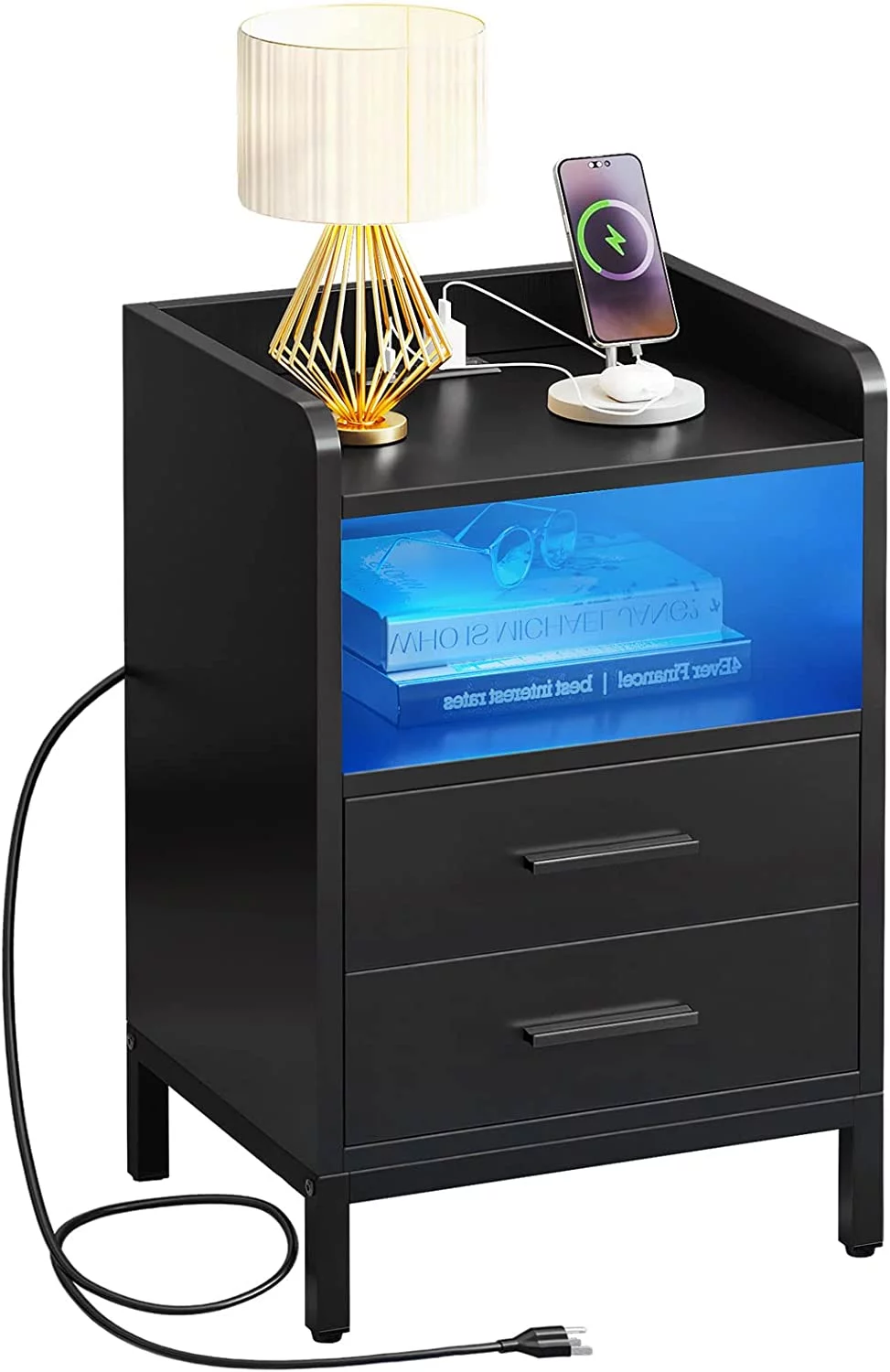 DEXTRUS Black Night Stand with LED Lights and Charging Station, End Bedside Table with 2 Drawers, Open Storage, USB Ports and Outlets for Bedroom Living Room