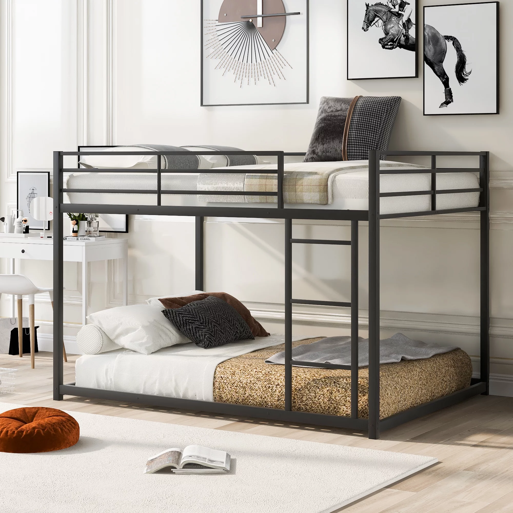 Full over Full Low Bunk Bed with Ladder Metal Bunk Bed Heavy Duty Bed Frame with Safety Guard Rails & Flat Ladder for Kids Teens Adults