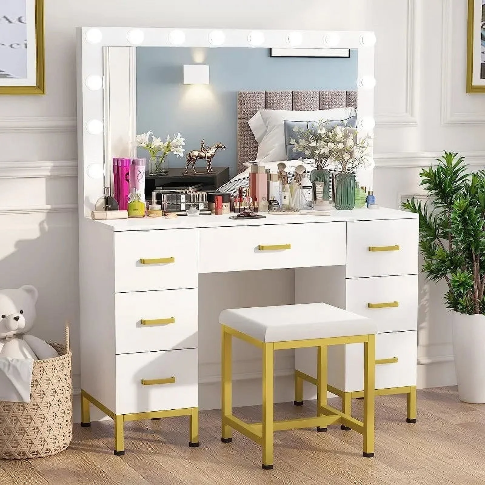 WJFORLION Vanity Set with Lighted Mirror, 44'' Makeup Vanity Dressing Table with LED&Cushioned Stool,Dressers for Bedroom