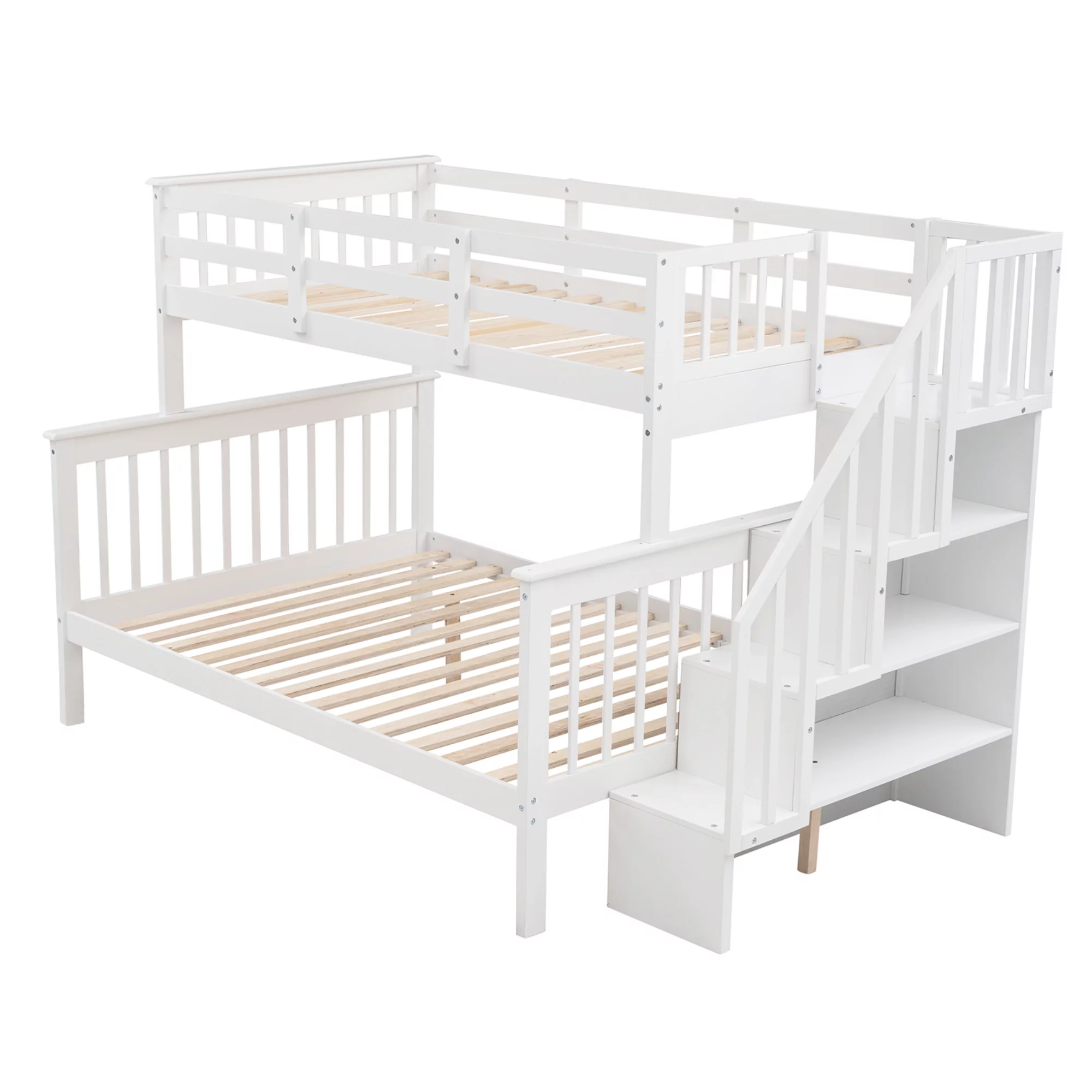 Royard Oaktree Twin-Over-Full Bunk Bed with Storage Stairway and Guard Rail Wood Bunk Bed Frame with Headboard and Footboard, Wood Slats, No Box Spring Needed, White