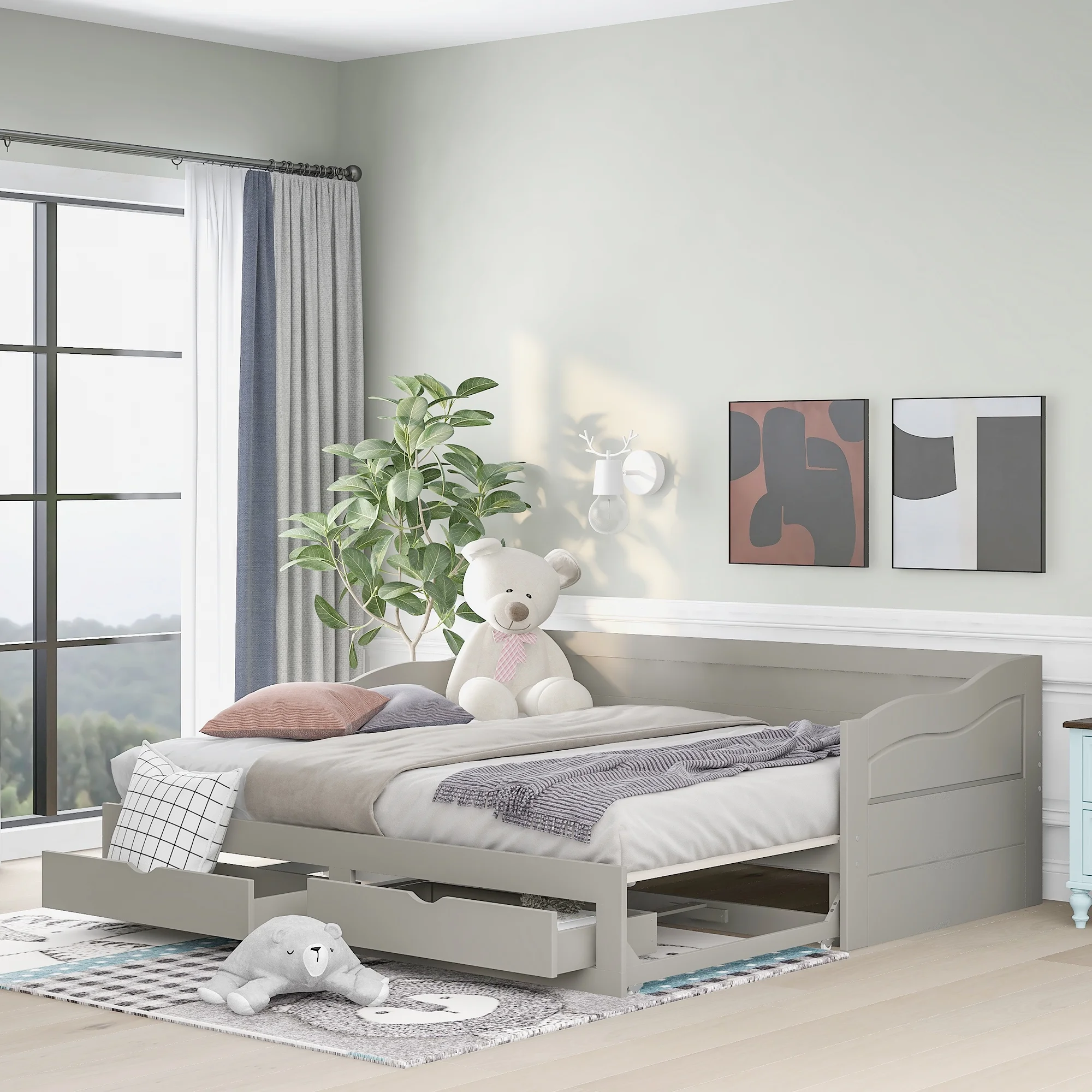 ikayaa Wooden Daybed with Trundle Bed and Two Storage Drawers ,&nbsp;Extendable Bed Daybed,Sofa Bed with Two Drawers, Gray