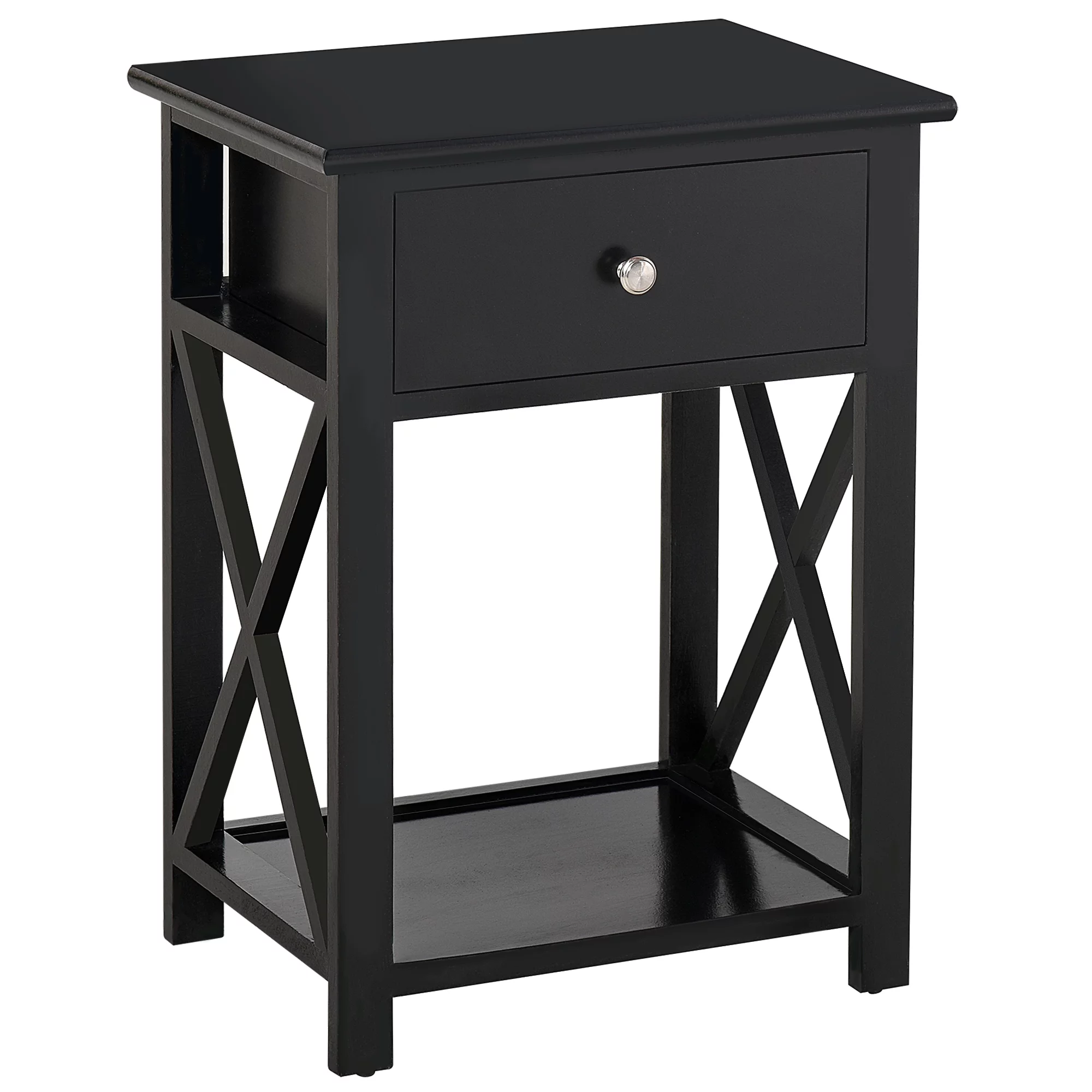 CoSoTower Side Table, Farmhouse End Table with Storage Drawer, Open Shelf and X-Frame, Bedside Table for Living Room, Black
