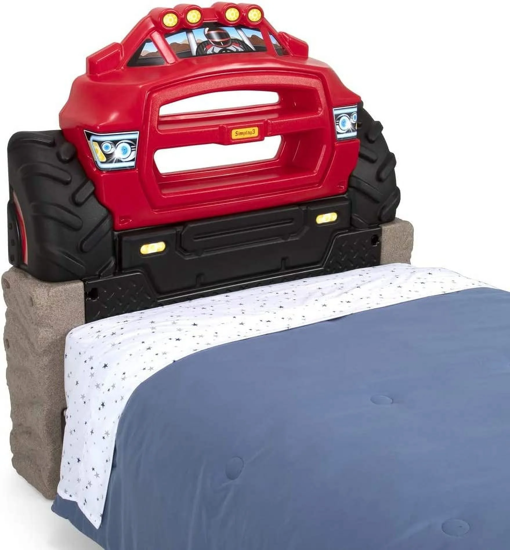 Monster Truck Headboard, Twin Size Plastic Car Bed Headboard for Kids, Toddlers and Boys with Toy Car Storage - Red