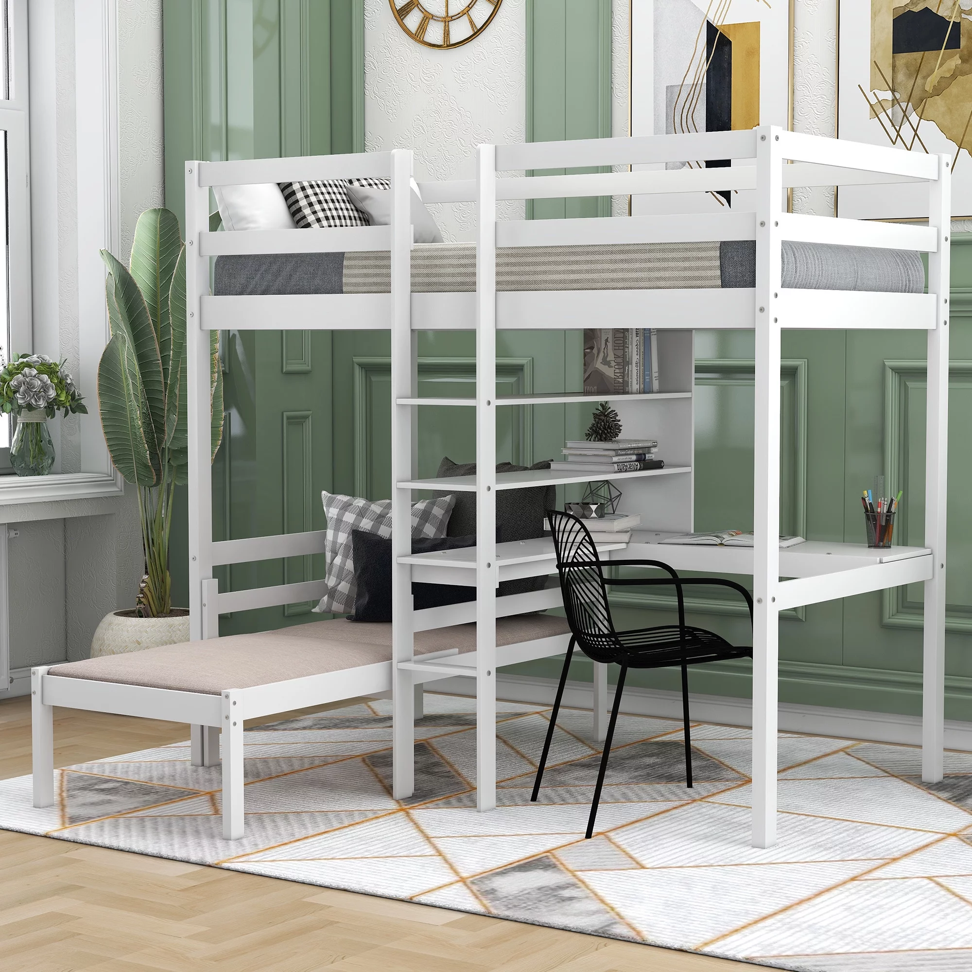 CoSoTower Convertible Loft Bed With L-Shape Desk, Twin Bunk Bed With Shelves And Ladder, White