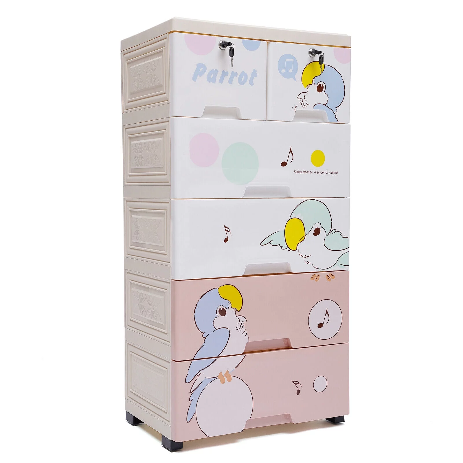 Oukaning 5 Layer Plastic Dresser Closet 6 Drawer with Lock Cartoon Storage Cabinet Organizer Kids' Room