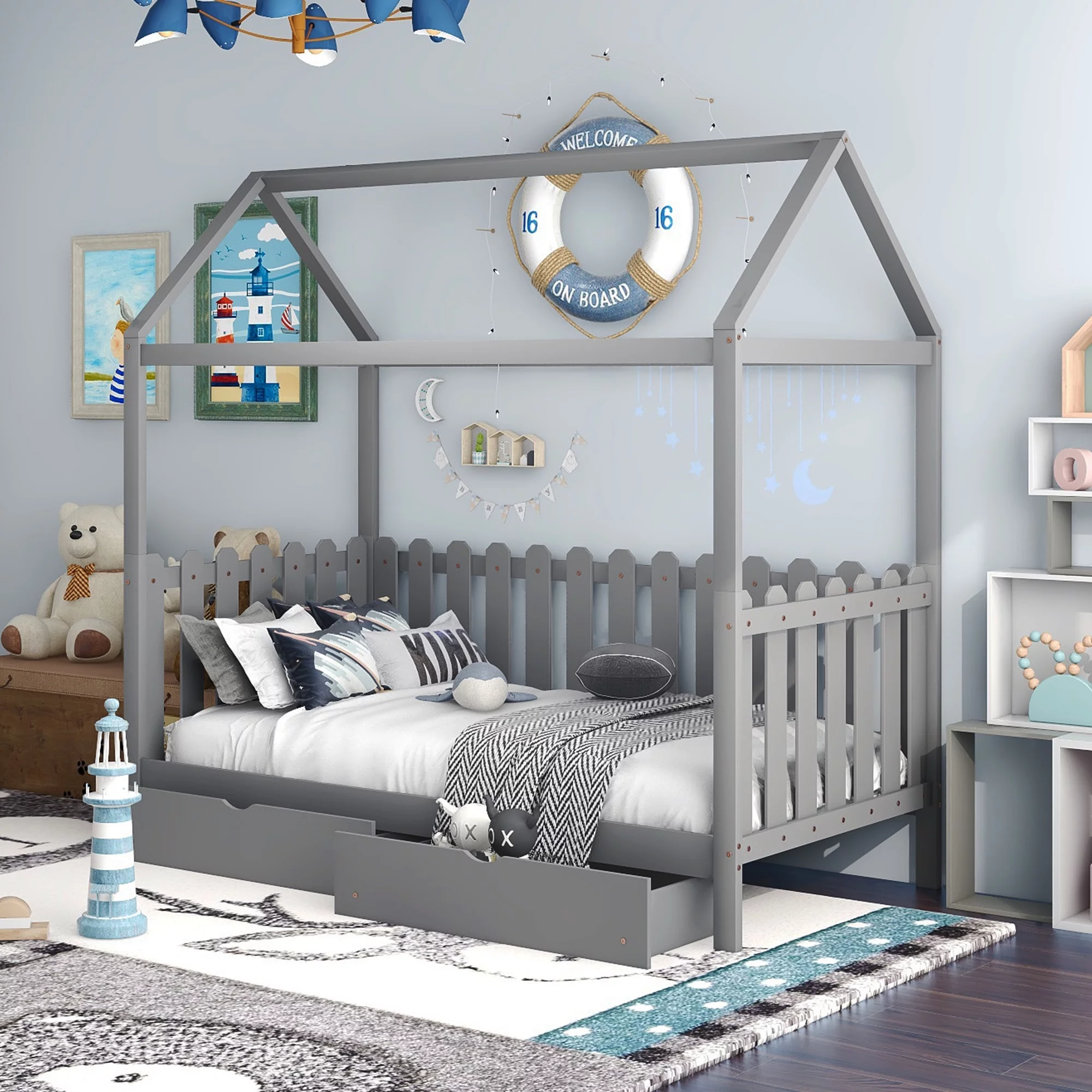 Kids Bed Frame, House Shape Bed Frame, Twin Size Wood Bed with Drawers, Fence-Shaped Guardrail