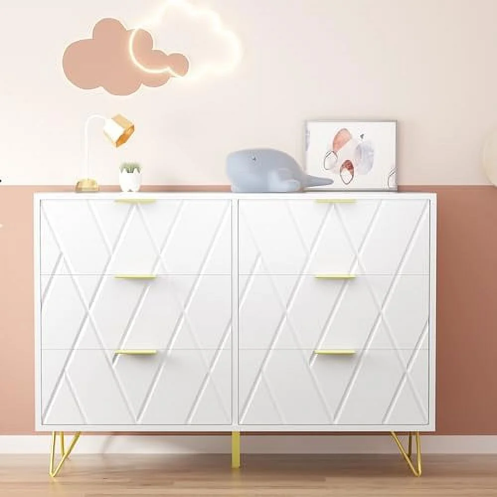 KHBIULIFE Gold and White Dresser - 6 Drawer Drawer Modern Dresser with Gold Handle 39.4" W Versatile Solution for Bedroom Hallway Entryway (Medium)