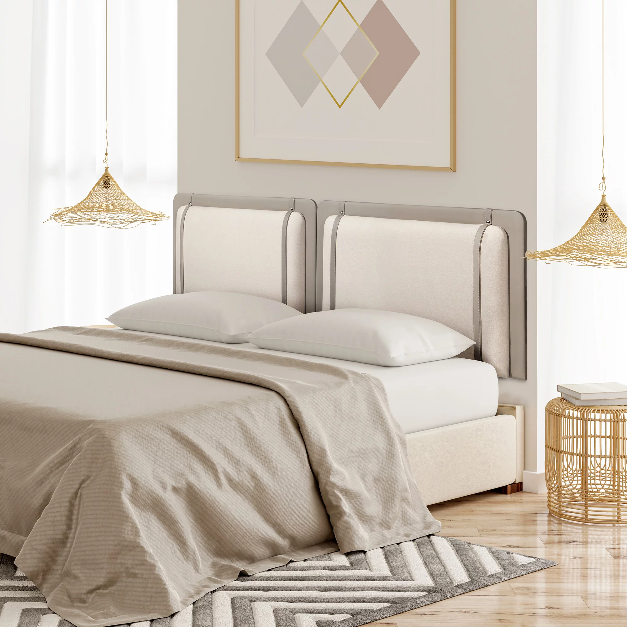 SunsGrove Wall Mount Upholstered Headboard for Queen Size Bed, California Causal Style Headboard with Faux Leather Straps, Adjust Height Freely, Boho Beige Linen Fabric Headboard (Beige, Queen)