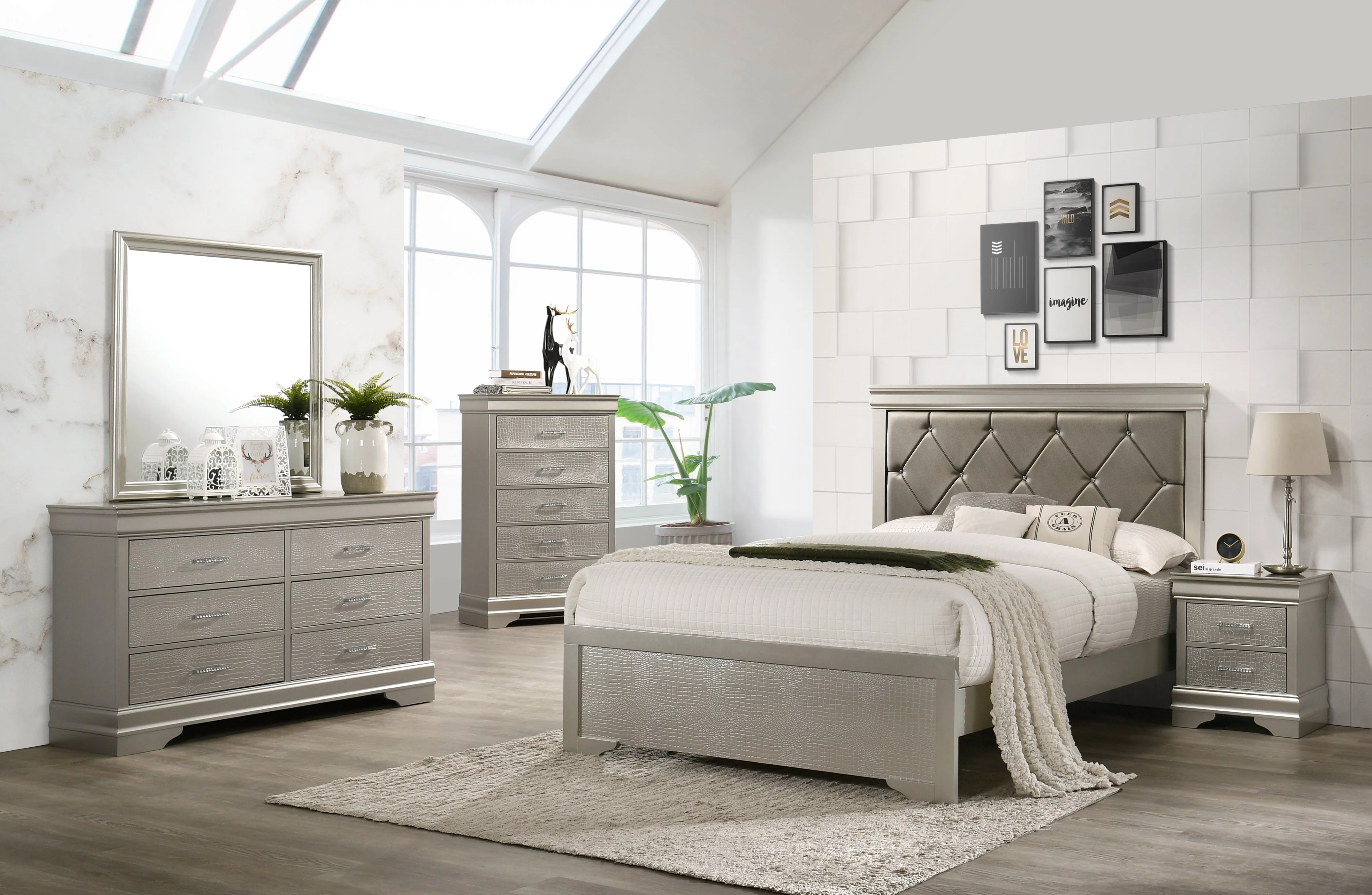 5pc Silver Finish Panel Bedroom Set Upholstered Button Tufted Headboard King Bed Dresser Mirror Nightstand