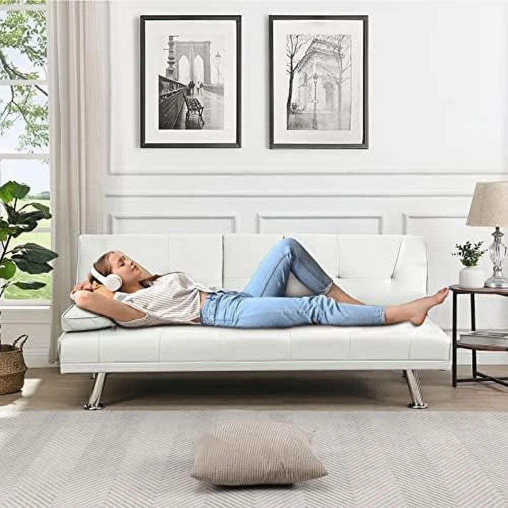 HOOMHIBIU Futon Sofa Bed  Modern Convertible Upholstered Faux Leather Loveseat Sleeper Sofa Couch w/7 Adjustable Positions  Cup Holder for Living Room  Bedroom  Studio  Office  Black