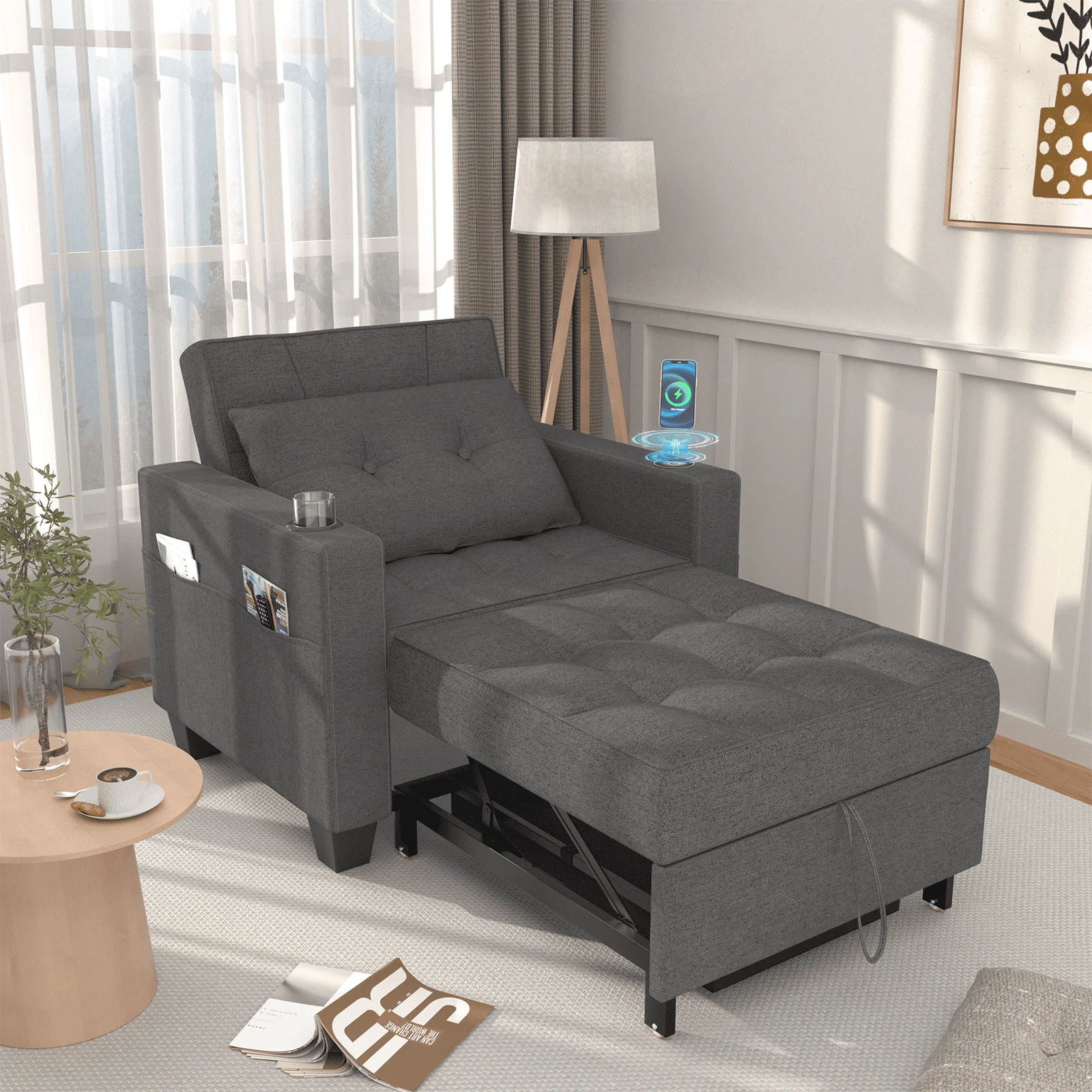 Belord 3-in-1 Sleeper Chair Bed, Pull Out Sofa Chair, Futon Couch Chair with Wireless Charging Base, USB & Type-C Ports, Convertible Sleeper Sofa Bed for Living Room, Deep Grey