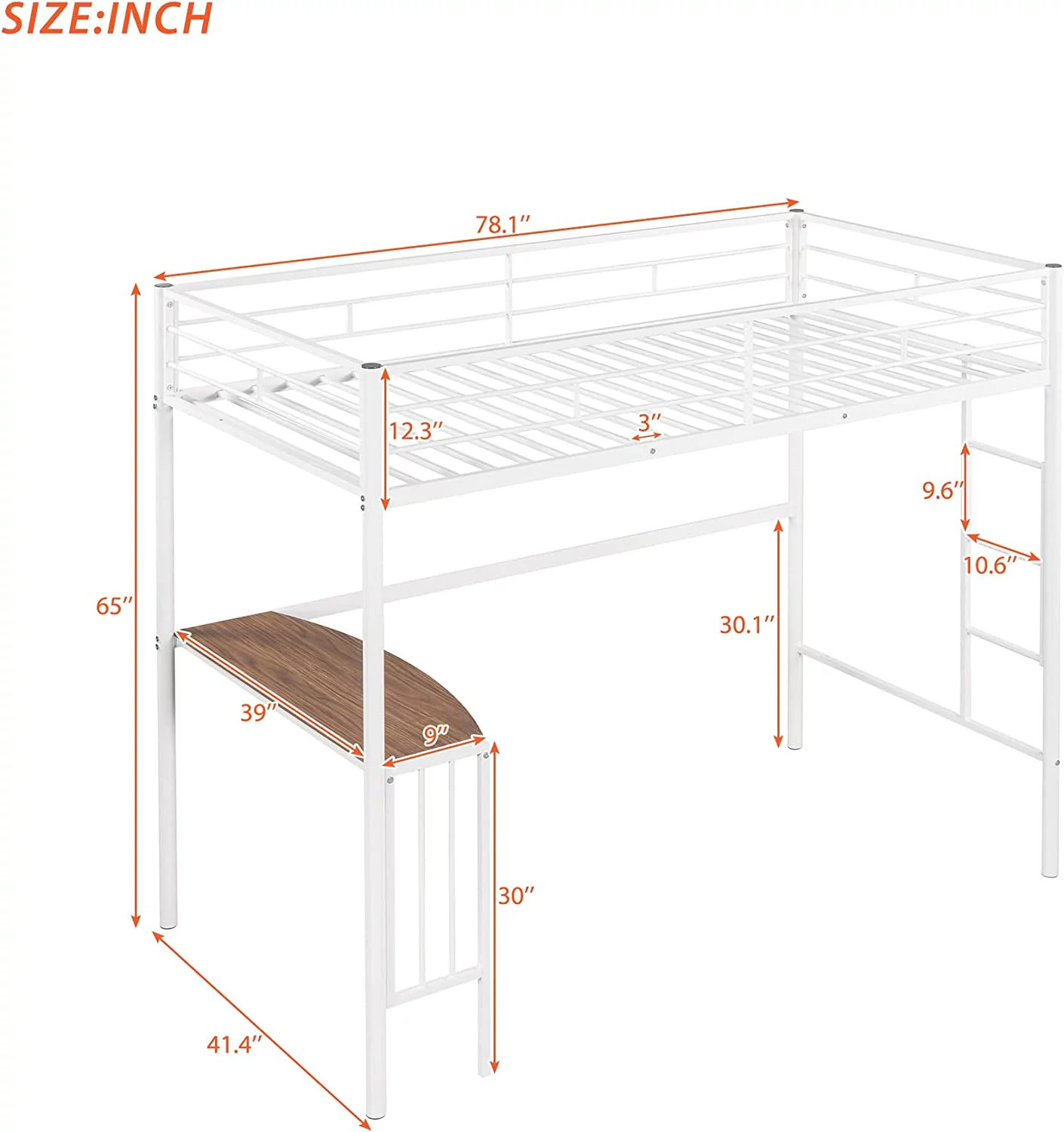 Size Loft Bed With Desk, Metal Loft Bed Frame With Guardrails And Ladders For Kids Girls Boys Teens Adults, No Box Spring Needed (, White)