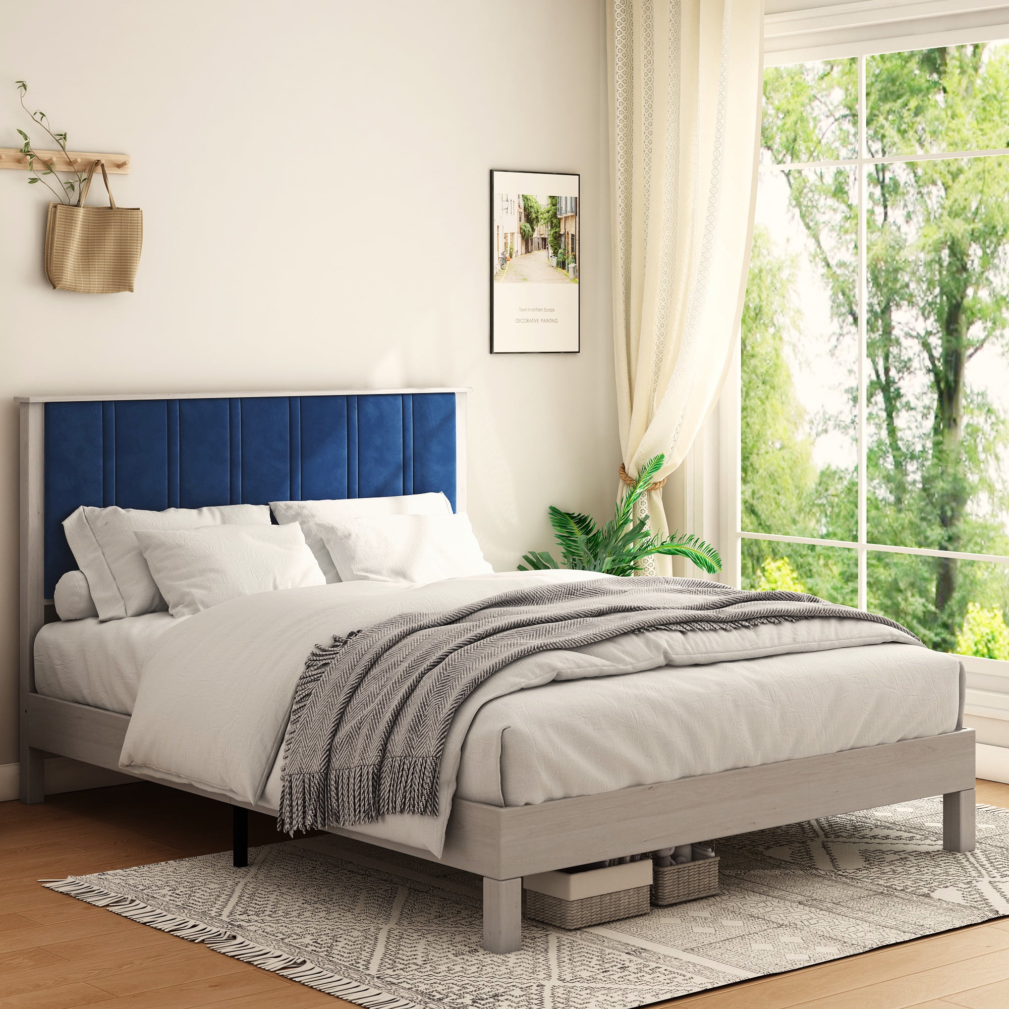 CoSoTower Queen Bed Frame, Wood with Wood Headboard Bed Frame with Upholstered Headboard / Wood Foundation with Wood Slat Support / No Box Spring Needed / Easy Assembly