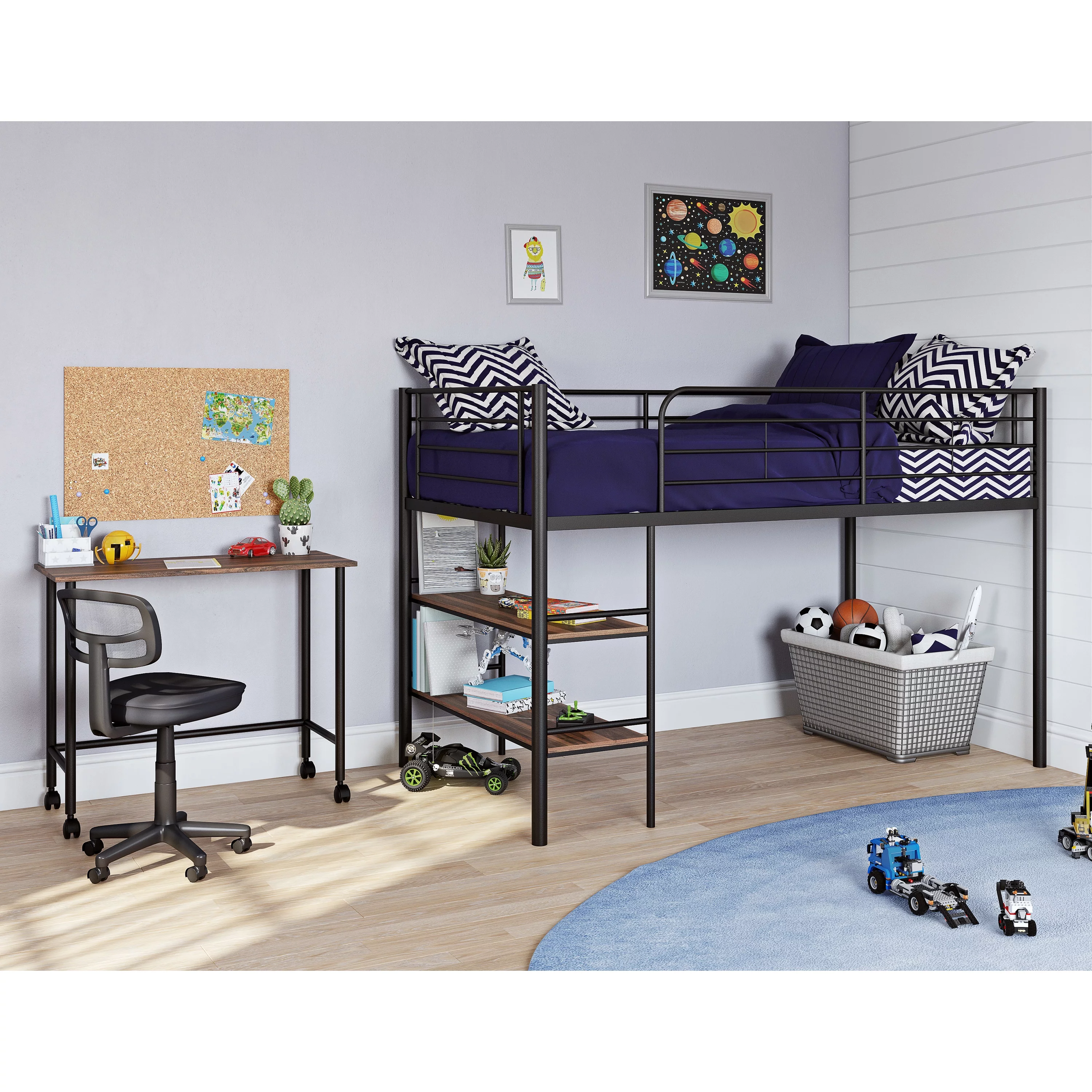 Your Zone Beckett Kids Metal Twin Loft Bed with Open Book Shelf, Multiple Finishes