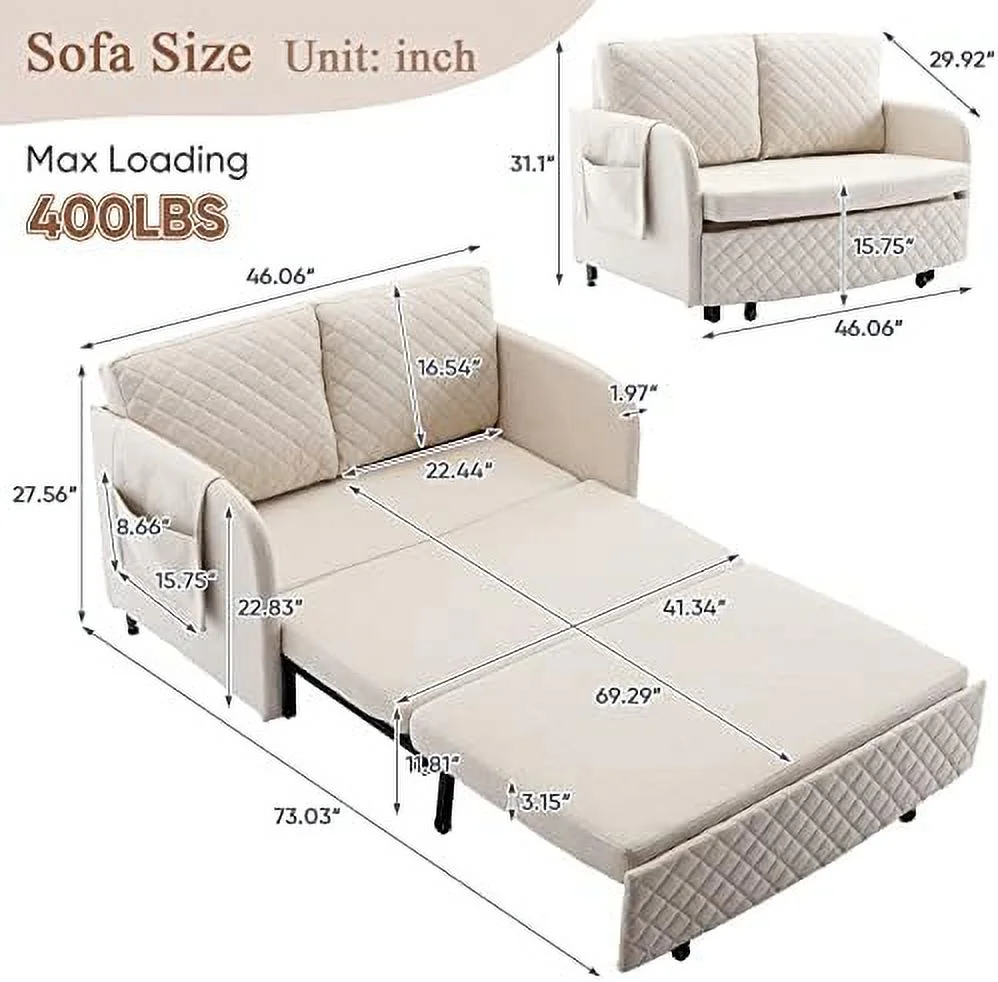 RUNFAYBIU Sleeper Sofa Bed  46-inch Modern Linen Loveseat Sleeper Sofa Couch with Pull-Out Bed  Small Love seat Sofa Single Bed with  Detachable Side Pocket for Living Room  Office  Grey