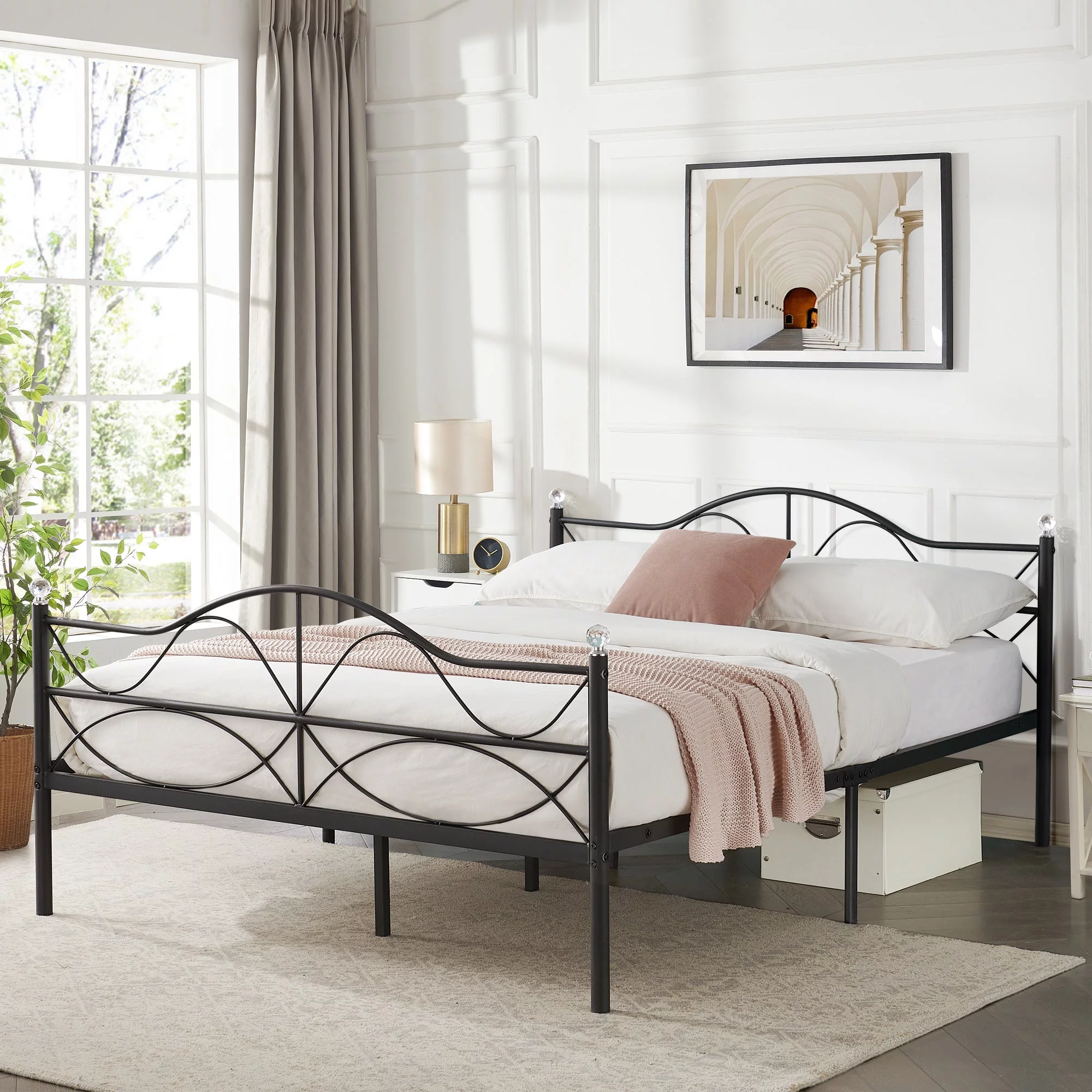 VECELO Metal Platform Bed Frame with Victorian Crystal Ball Headboard and Footboard, Queen Size, Black
