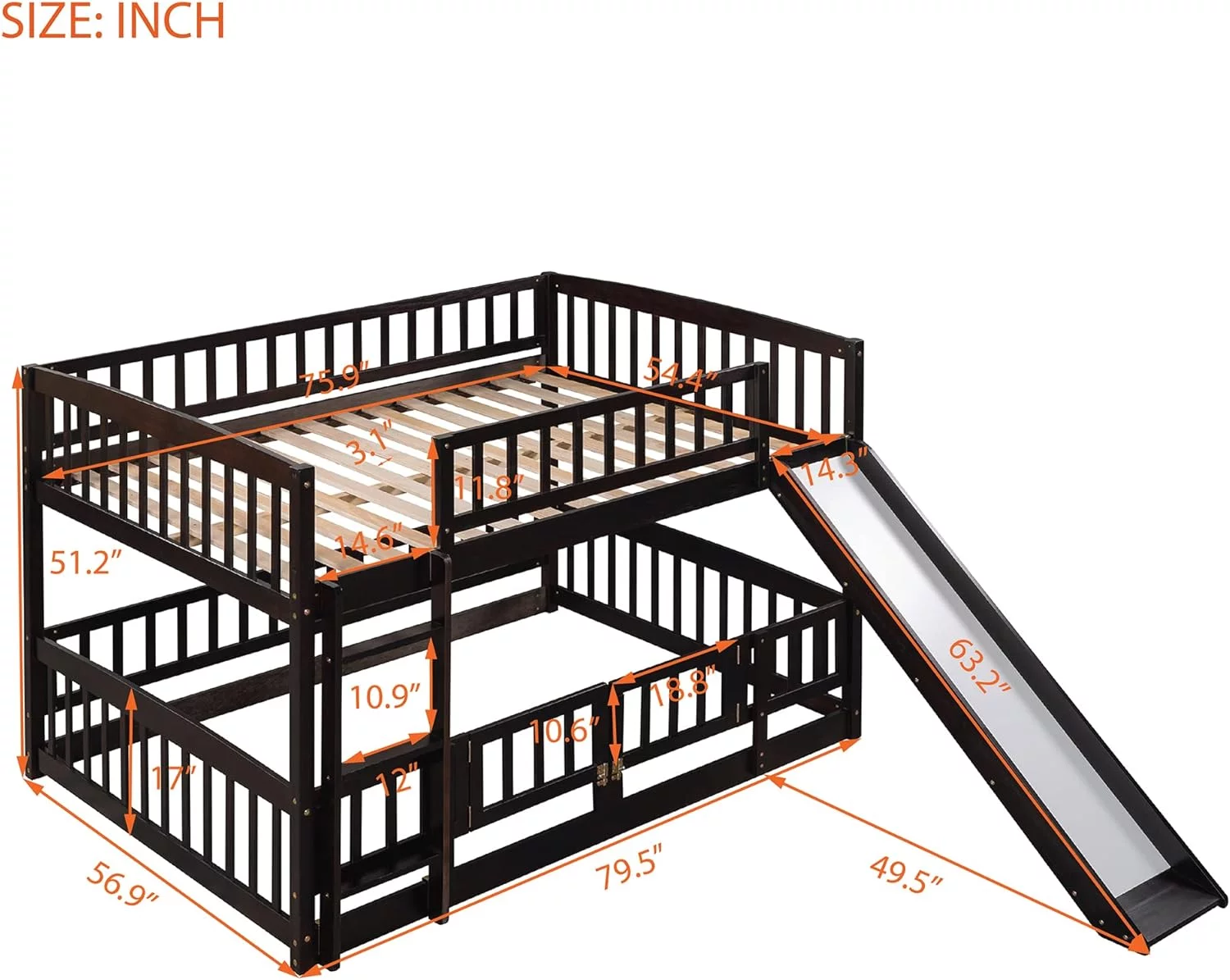 Full Over Full Bunk Bed with Slide, Low Bunk Bed with Fence and Ladder, Wooden Floor Bunk Bed Frame for Kids Toddler Teens, Easy to Assembly (White)