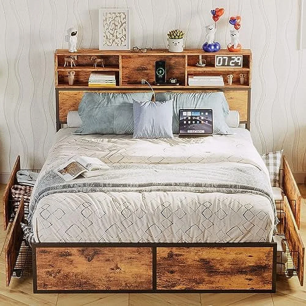 xrboomlife Queen Bed Frame with 4 Drawers & Bookcase Headboard & Charging Station Sturdy and No Noise Platform Bed No Box Spring Needed Easy Assembly Vintage Brown