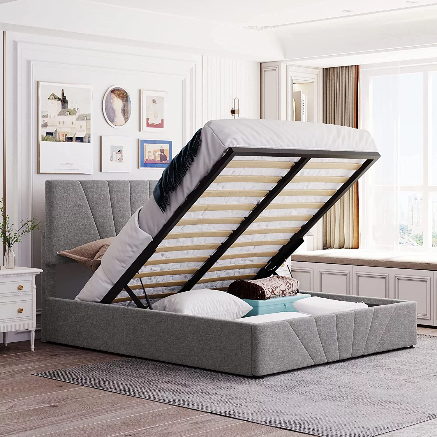Quee Bed Wih Sorage Udereah, Upholsered Plaform Bed Wih Lif Up Sorage Ad ufed Headboard, Woode Bed Frame For ees Aduls (Quee Size, Gray)