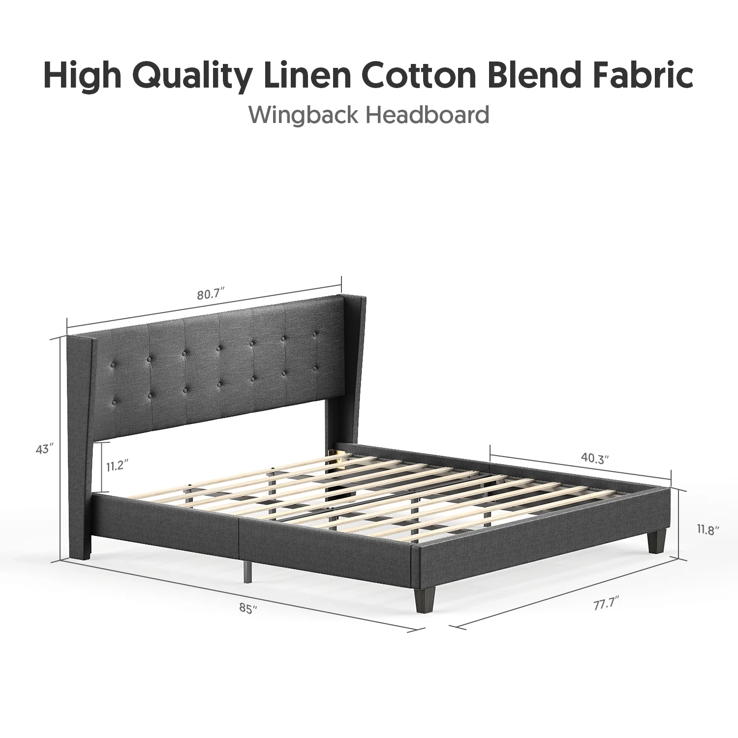 Bed Frame Upholstered Traditional Low Profile Platform with Wing Back Headboard/No Box Spring Needed/No Bed Skirt Needed/Linen Fabric Upholstery, Dark Grey King Size