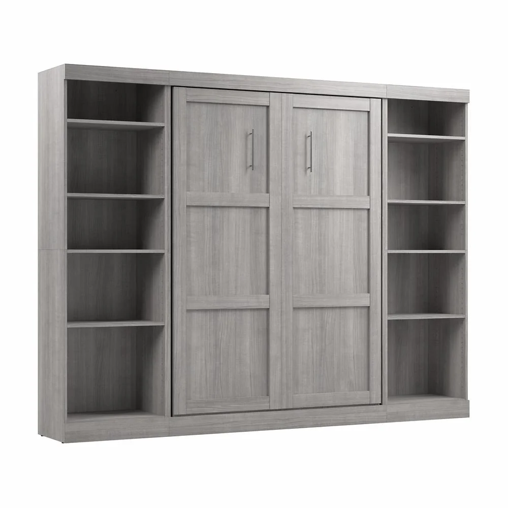 Bestar Pur Full Murphy Bed with 2 Shelving Units (109W) in Platinum Gray