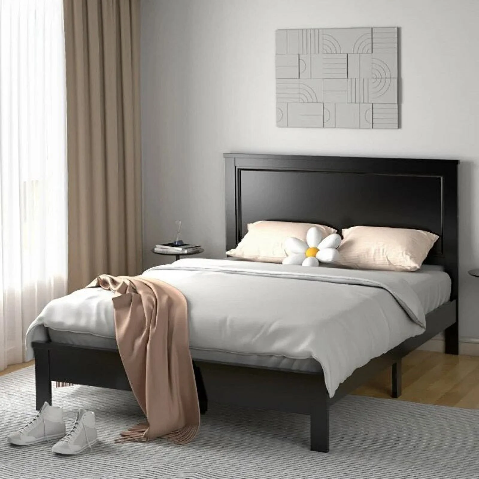 Full Size Platform Slat Bed Frame with High Headboard Rubber Wood Leg Bed Bedroom Furniture