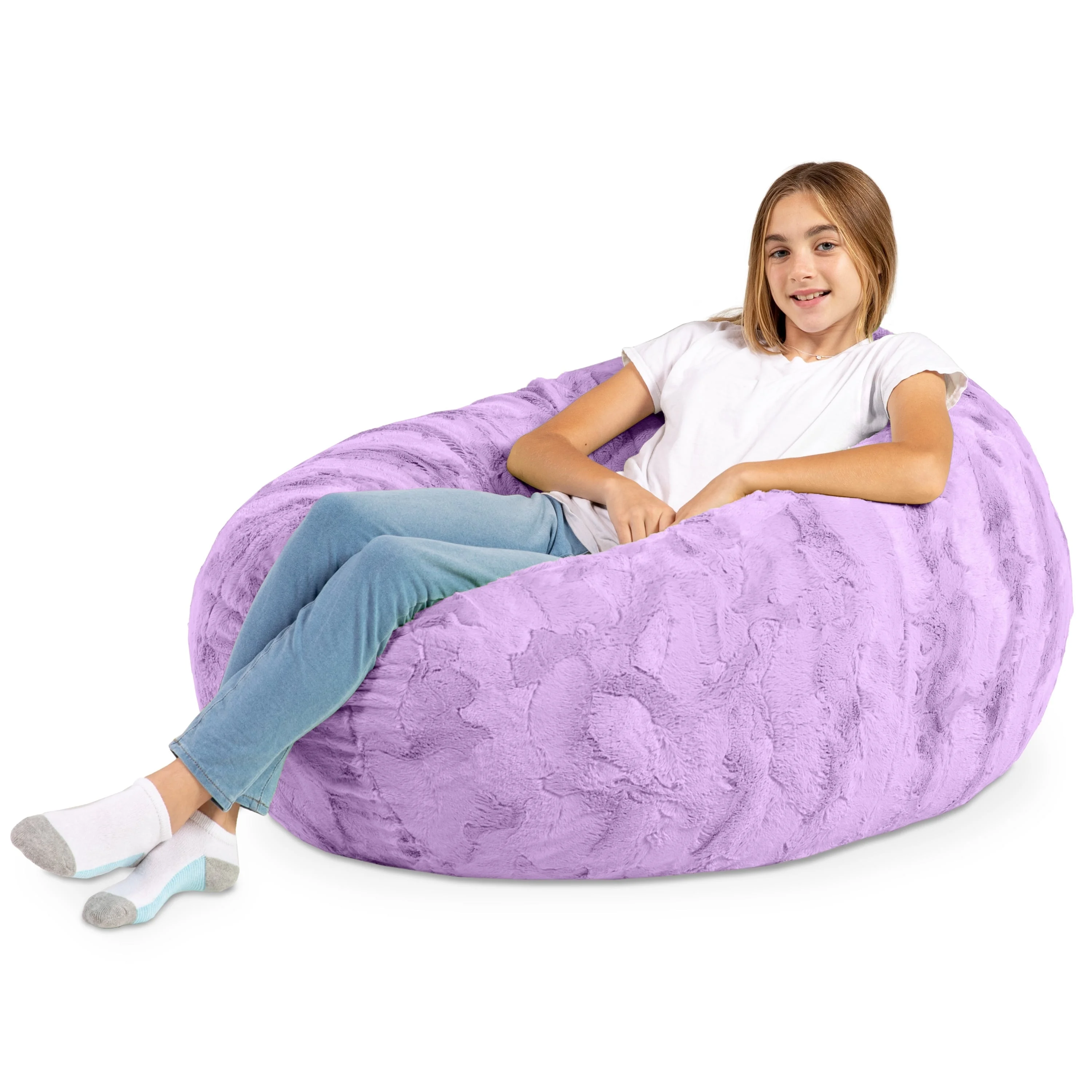 Jaxx Cocoon 4 Foot Kids Bean Bag Chair and Crash Pad - Faux Fur Bellflower Purple