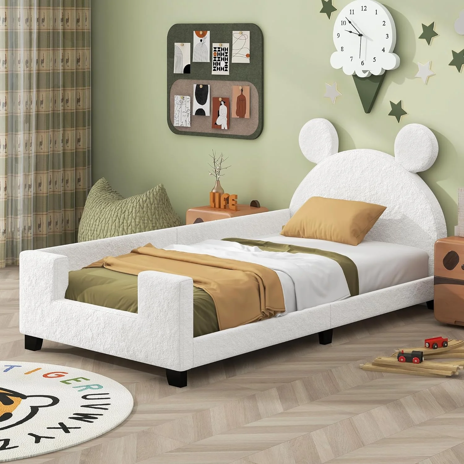 Size Upholstered Bed With Bear Shaped Headboard, Low Platform Bed Frame With Rails, Teddy Fleece Daybed With Slats Support For Kids Girls Boys Tees, White