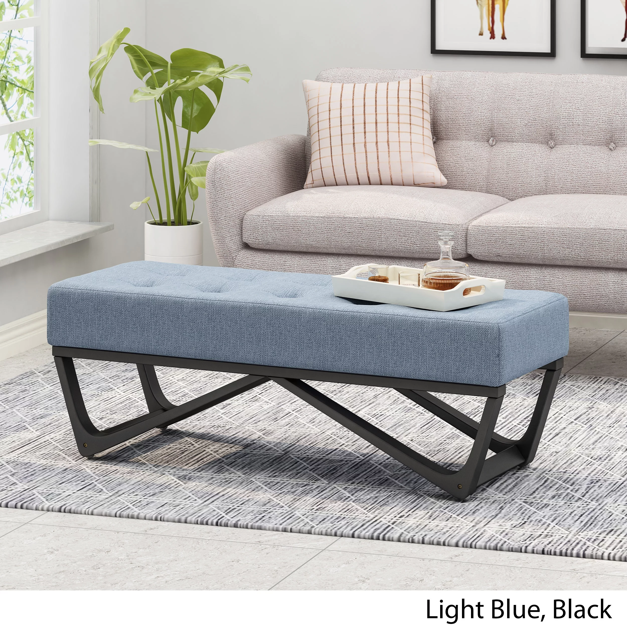 Noble House Dimitri Contemporary Fabric Ottoman Bench, Light Blue and Black