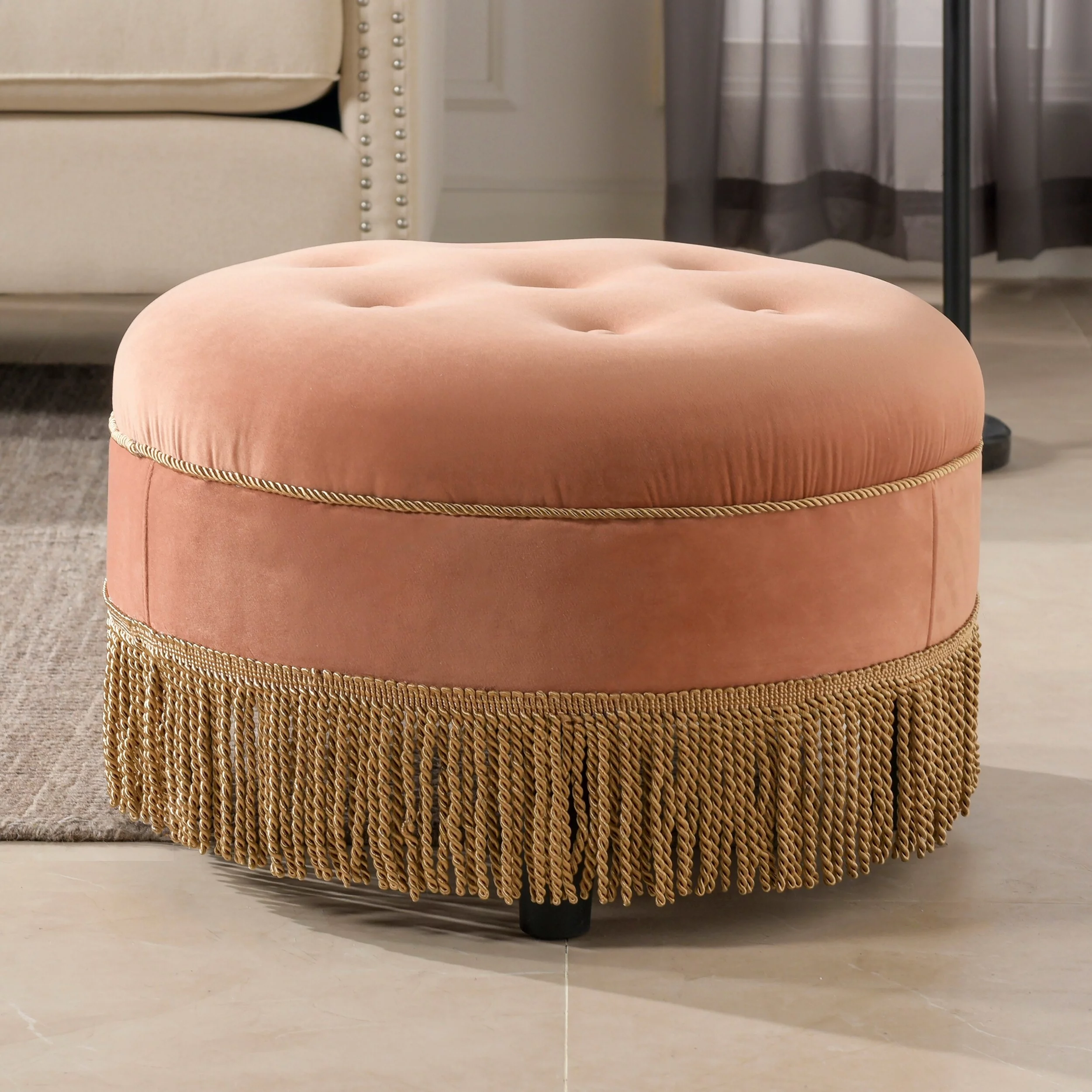 Jennifer Taylor Home Yaris Upholstered Round Accent Ottoman Gold Yellow Velvet