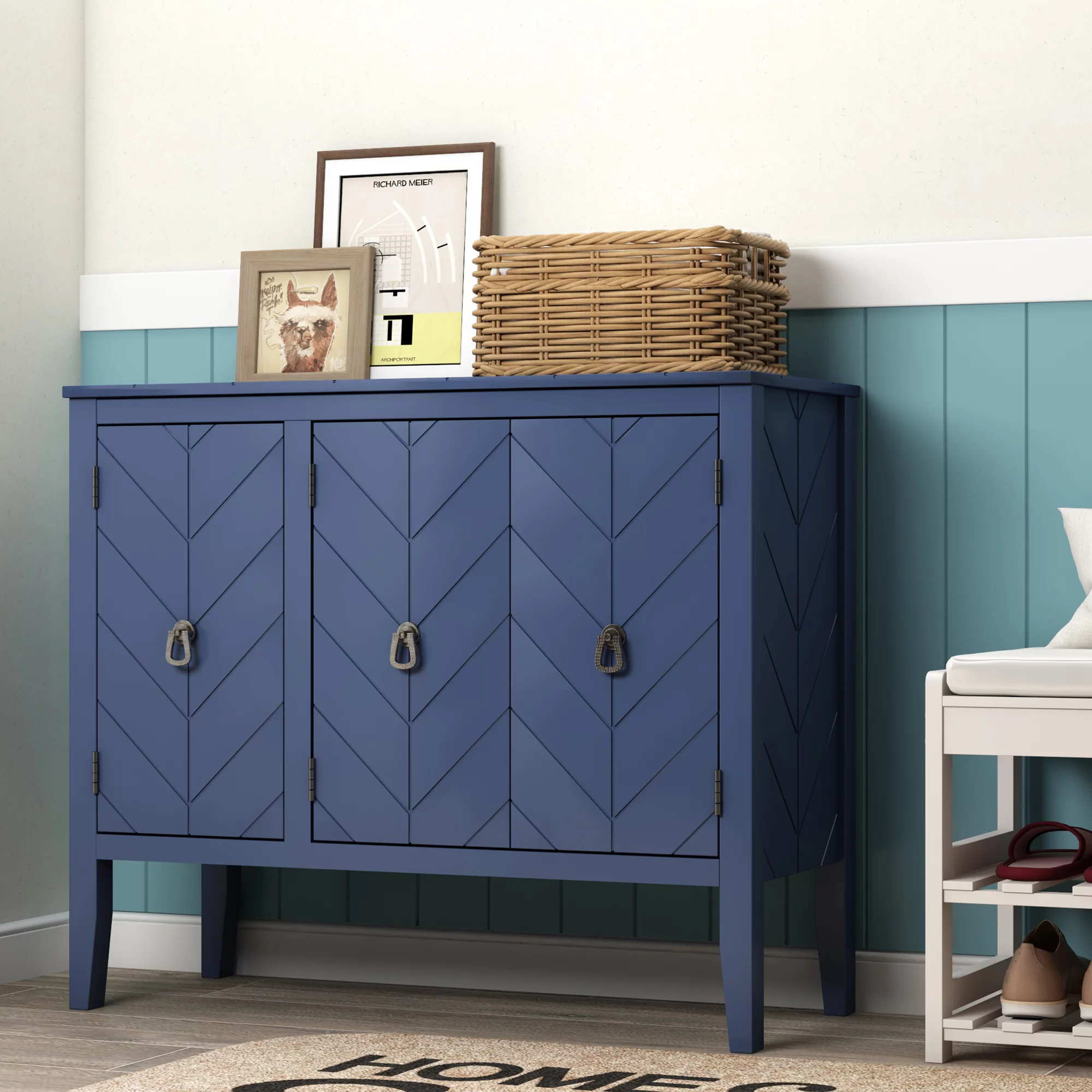 Ouyessir Solid Wood Buffet Sideboard Entry Console Table, Antique Storage Cabinet with Doors and Adjustable Shelf, for Living Room, Dining Room, Kitchen, 37