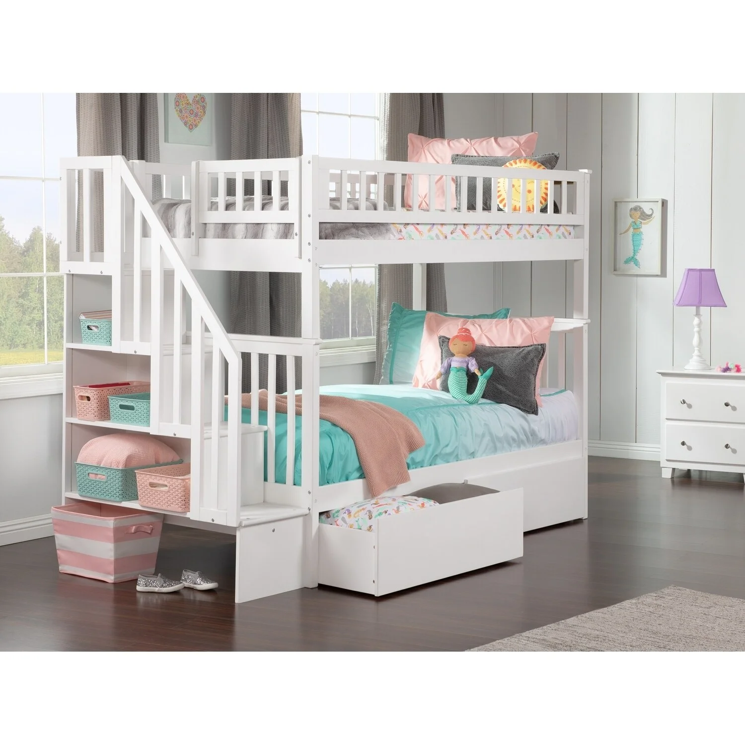 AFI Woodland Staircase Bunk Bed Twin over Twin with 2 Bed Drawers in White