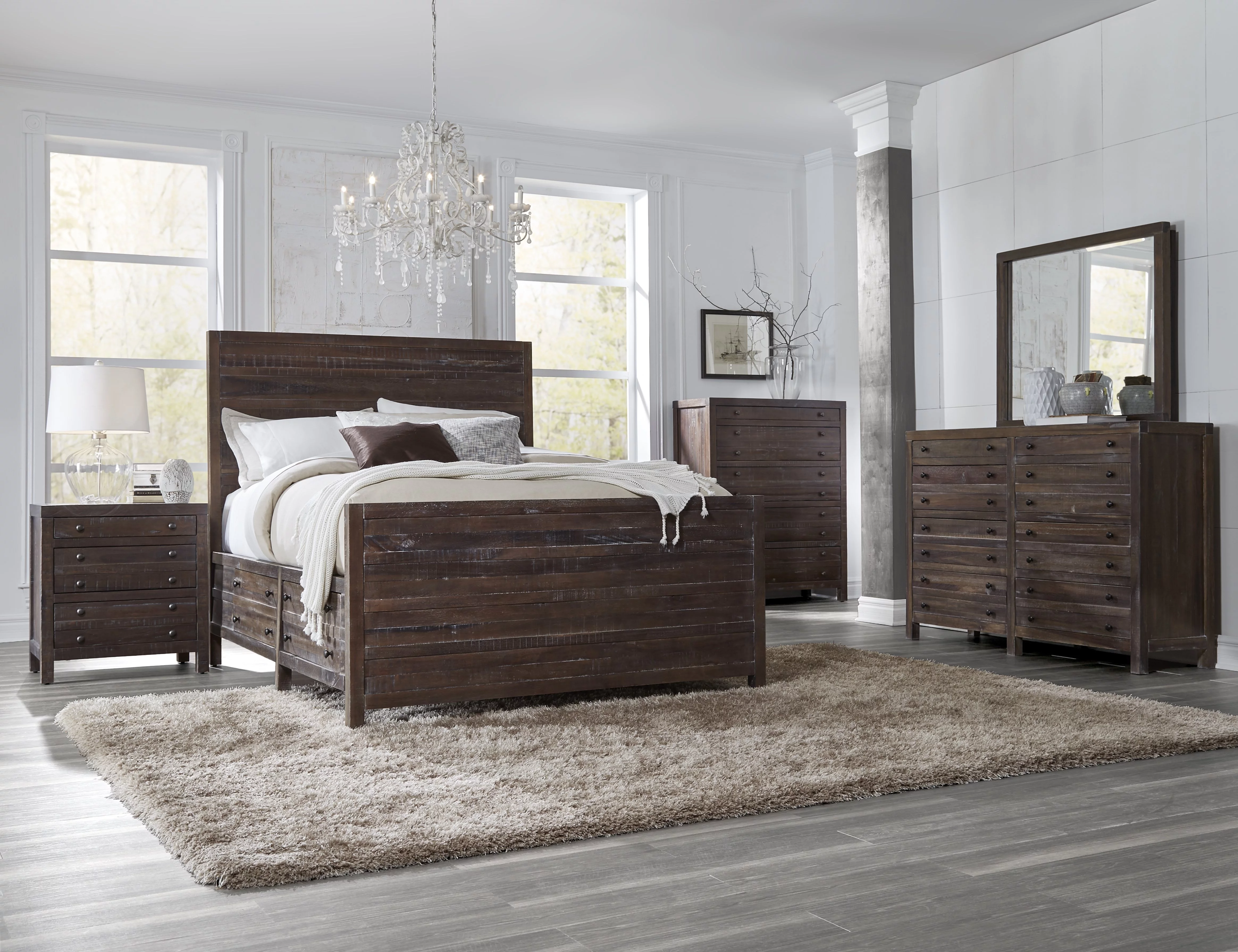 Tempton 5PC Queen Storage Bed, 2 Nightstand, Dresser & Mirror Set in Coffee Brown