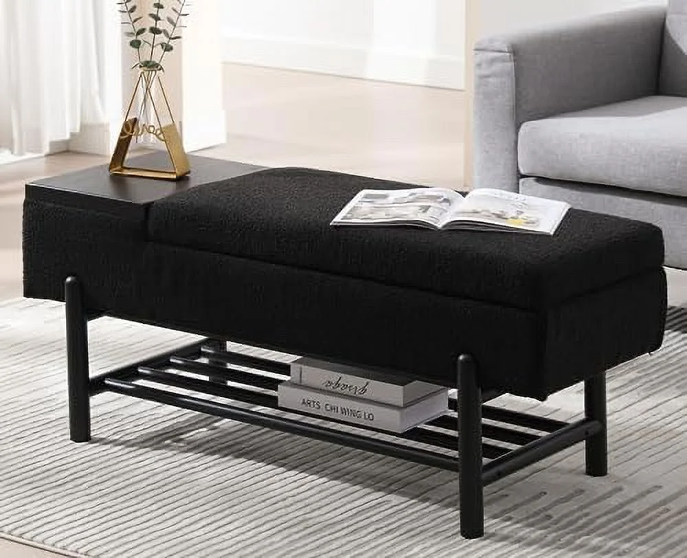 TJUNBOLIFE Entryway  Bench for Bedroom Upholstered End of Bed Black Ottoman Bench with Wood Shoe /Coffee Table for Living Room//Hallway/Under Window  46.5 Inches  Linen Black