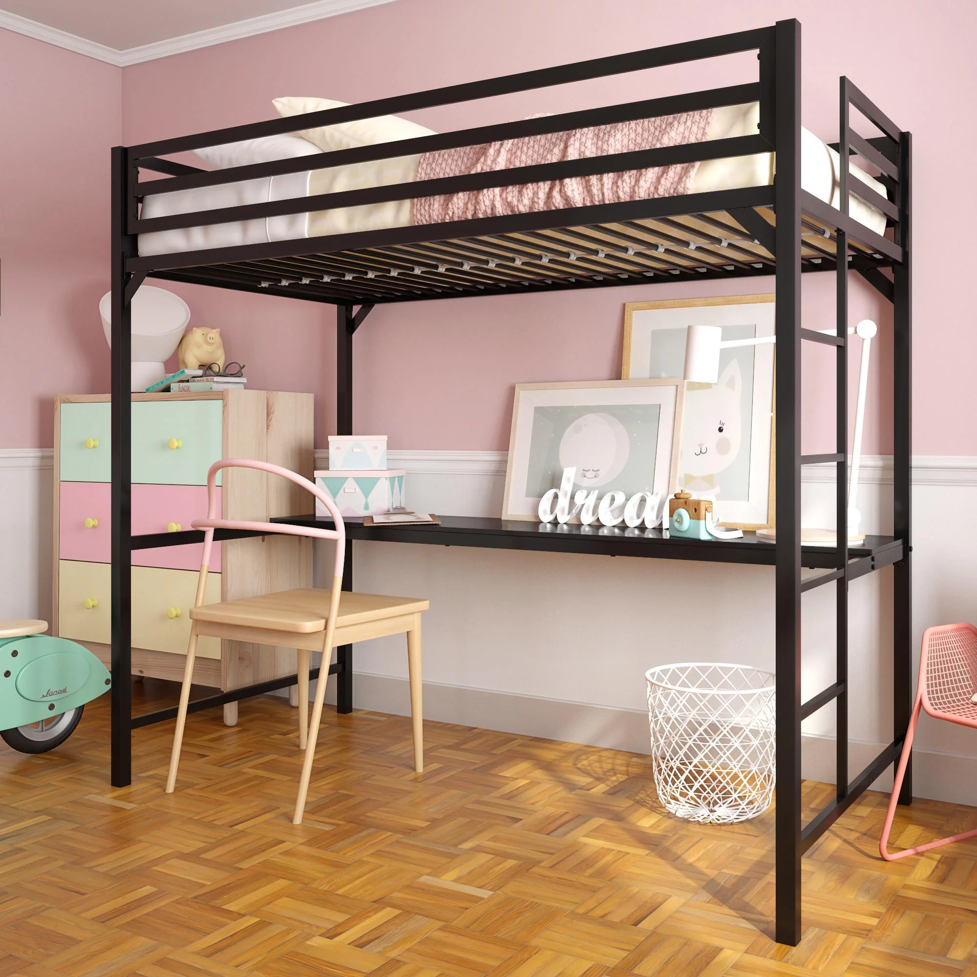 DHP Miles Metal Twin Loft Bed with Desk, Black