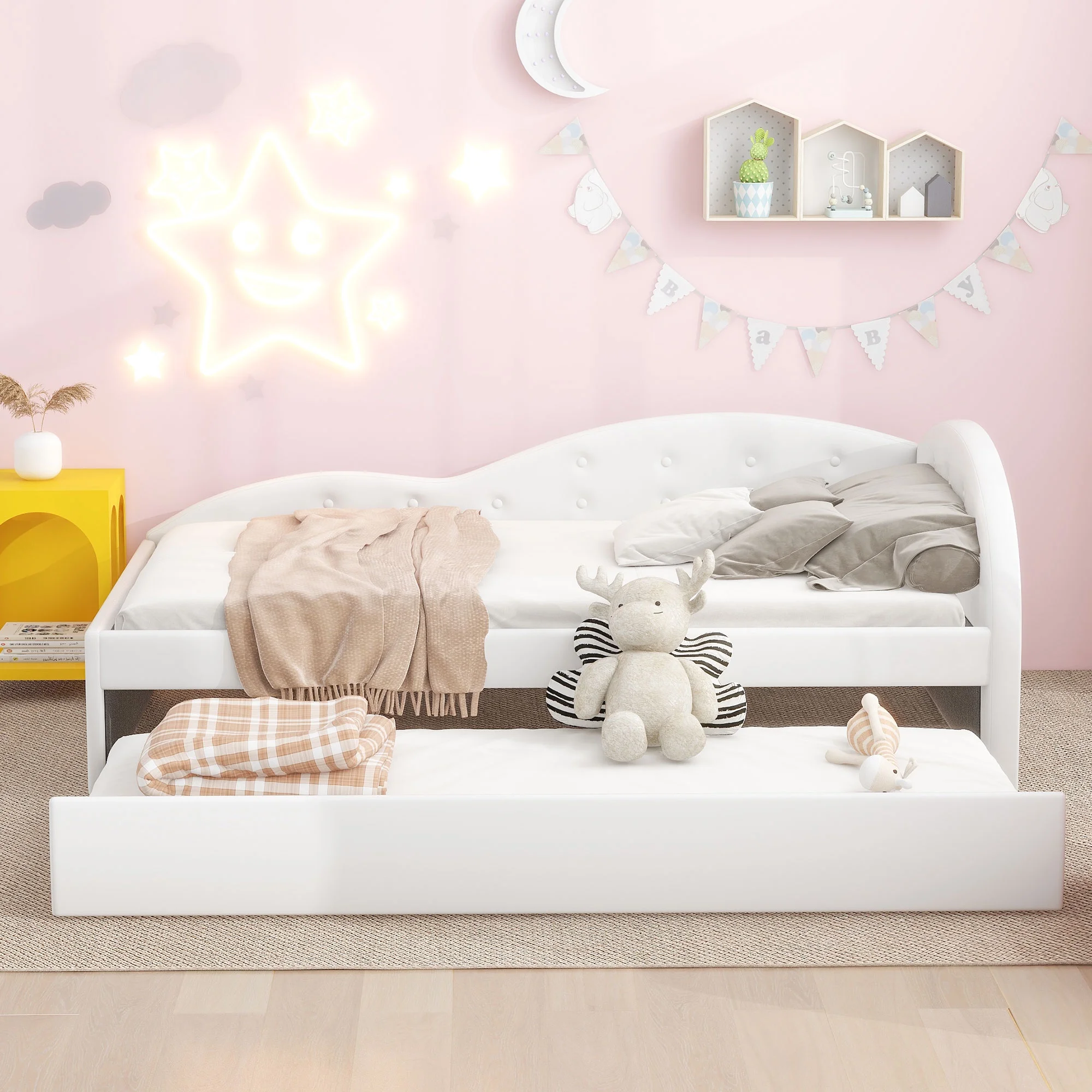 Euroco Twin Size PU Upholstery Daybed, Tufted Sofa Bed with Trundle for Kids Room, White