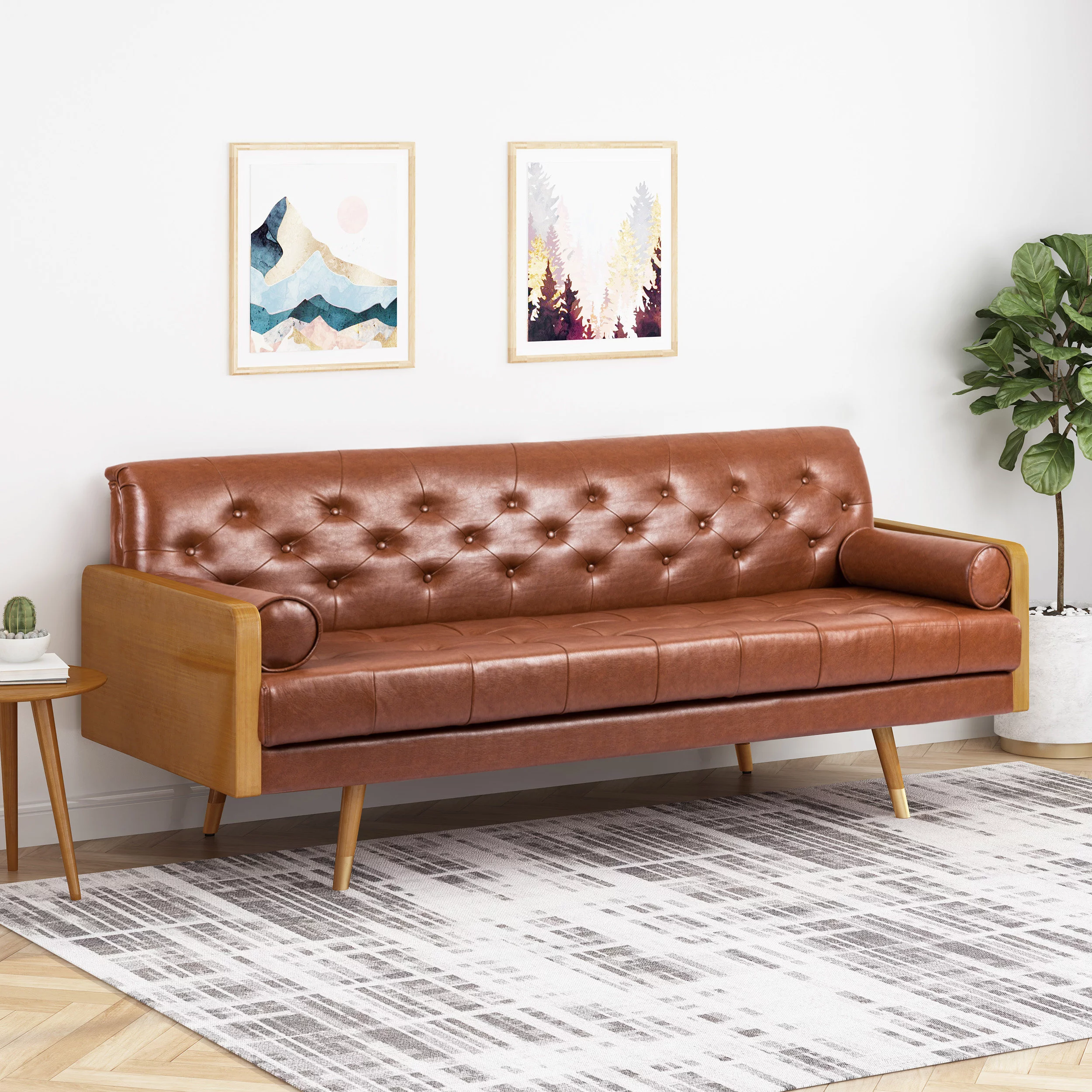 Noble House Marcel Faux Leather Tufted Sofa, Cognac Brown